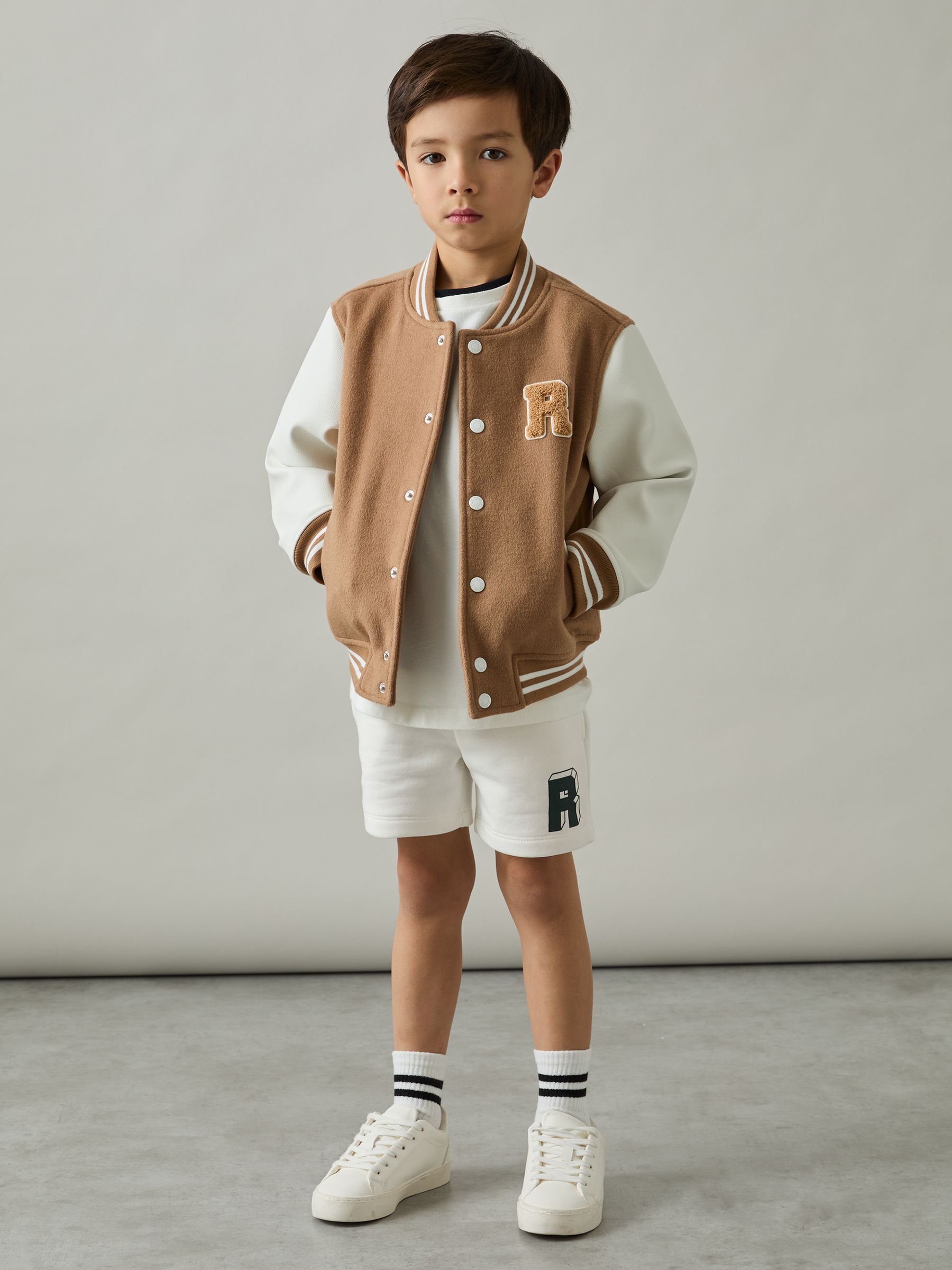 3-9 yrs Jersey Drawstring R Print Shorts in Off White/Forest Green