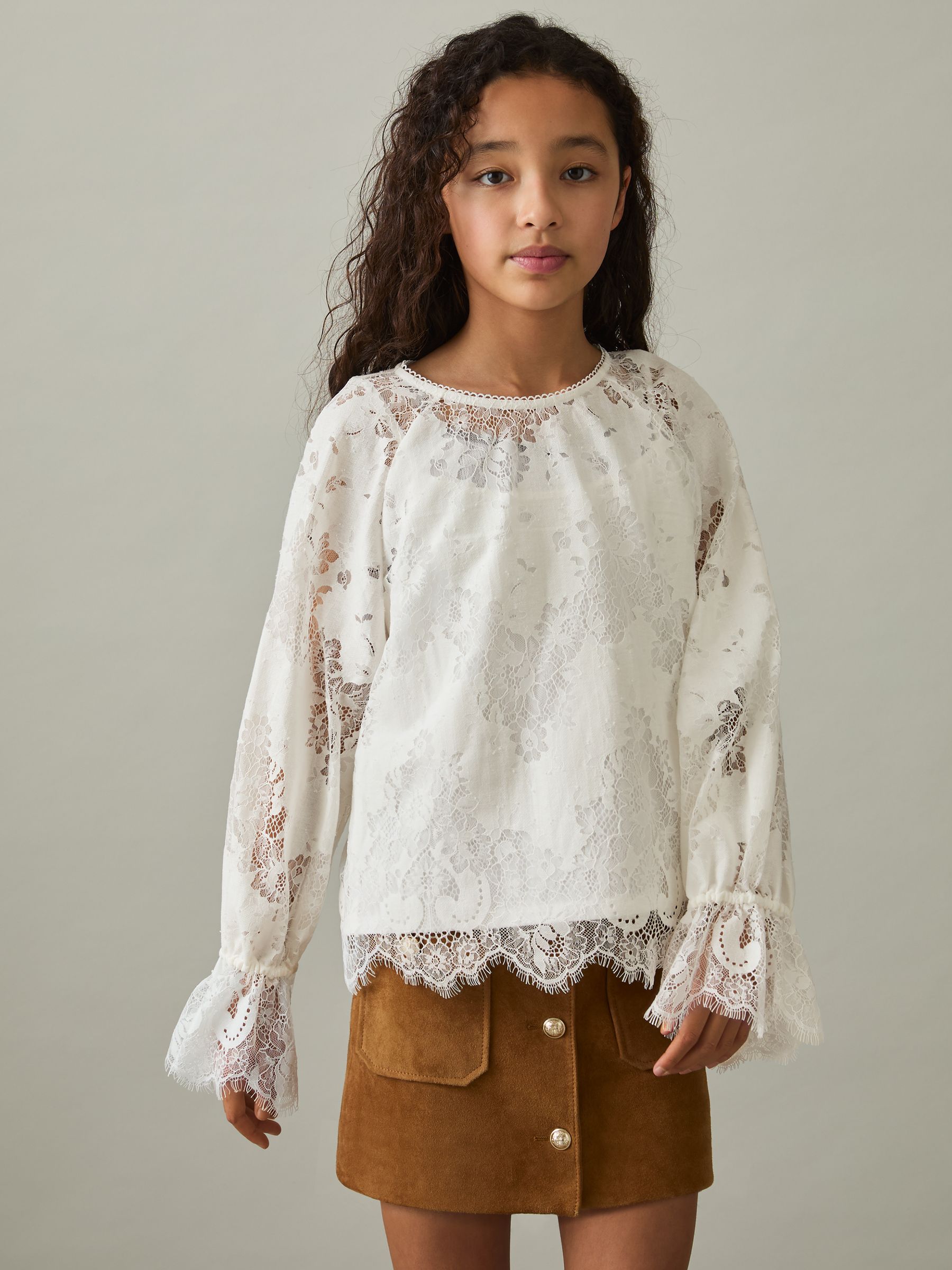 13-14 yrs Lace Long-Sleeve Top in Ivory