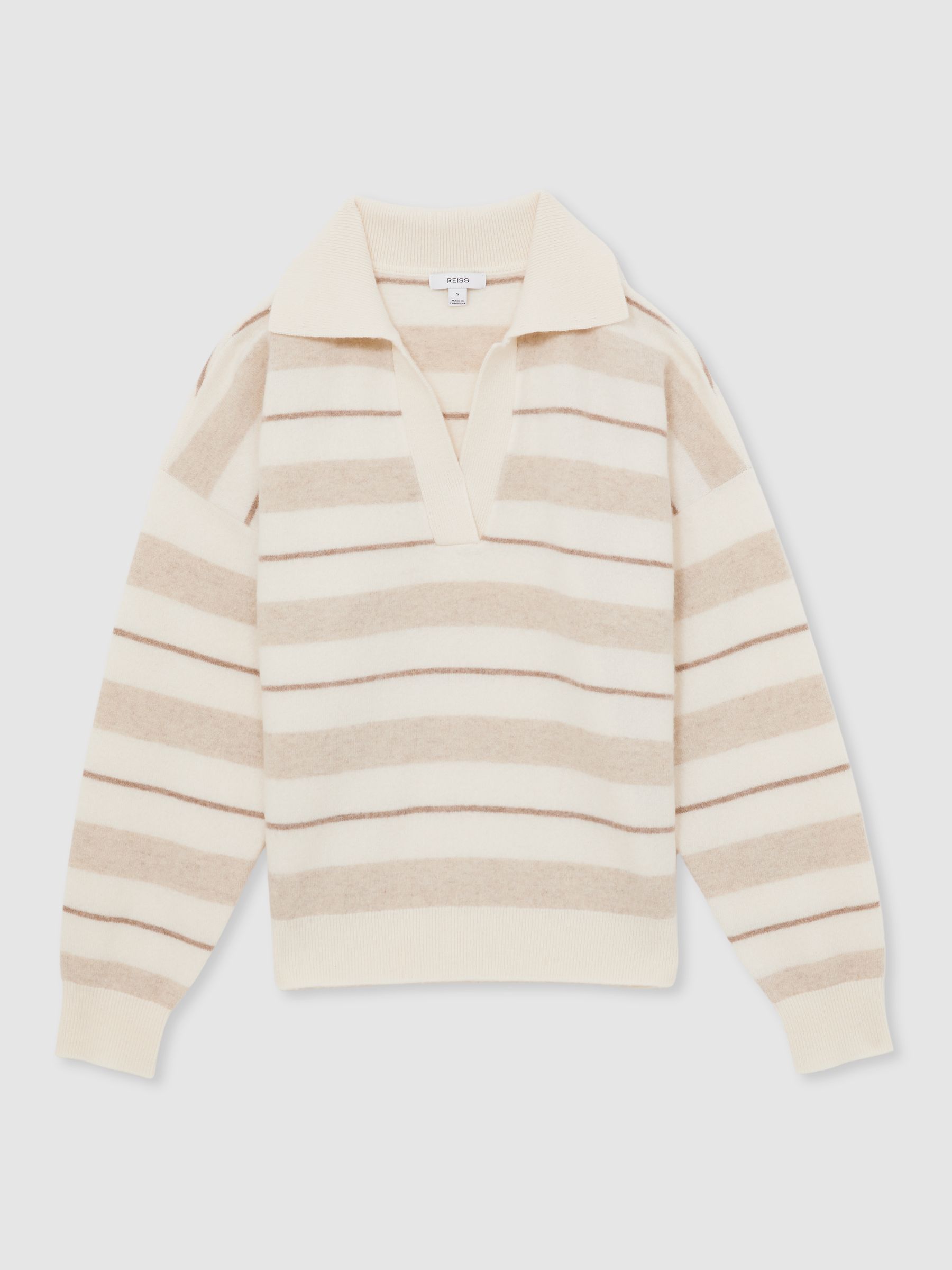 Wool-Cashmere Stripe Open-Collar Jumper in Neutral