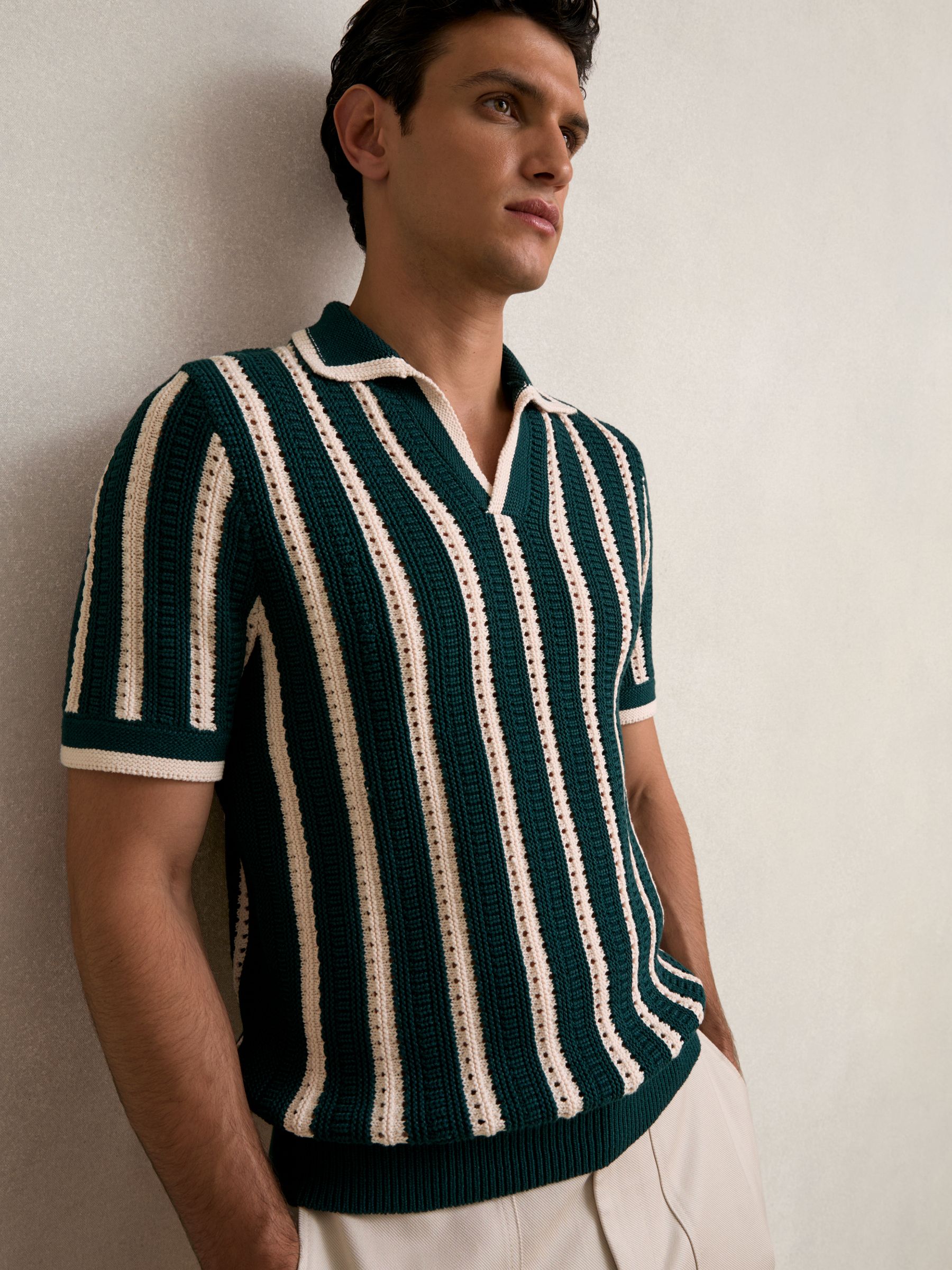 Cotton Blend Stripe Knit Polo Shirt in Dark Teal Green/Ecru