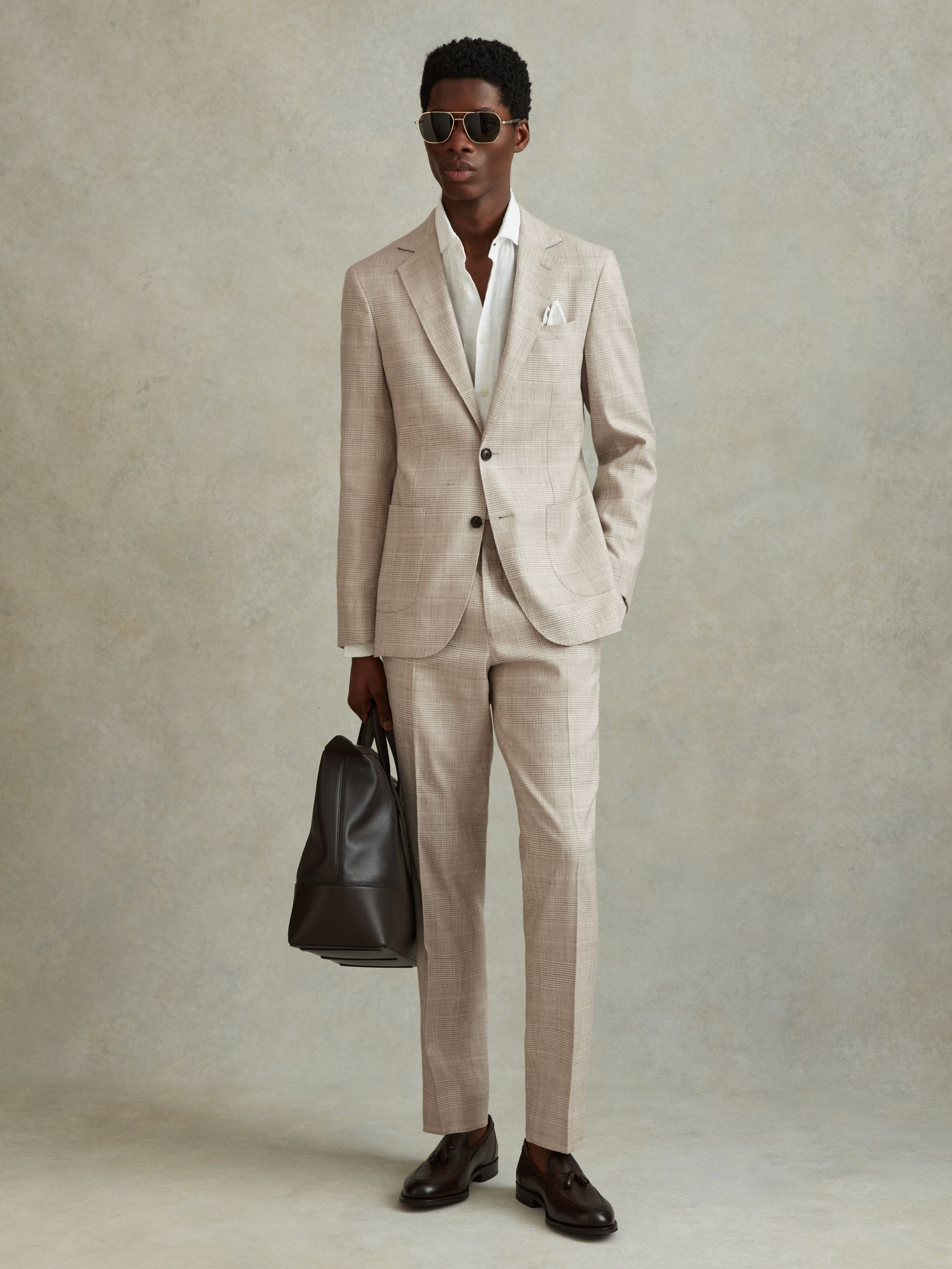 Slim Fit Linen Blend Check Trousers in Oatmeal