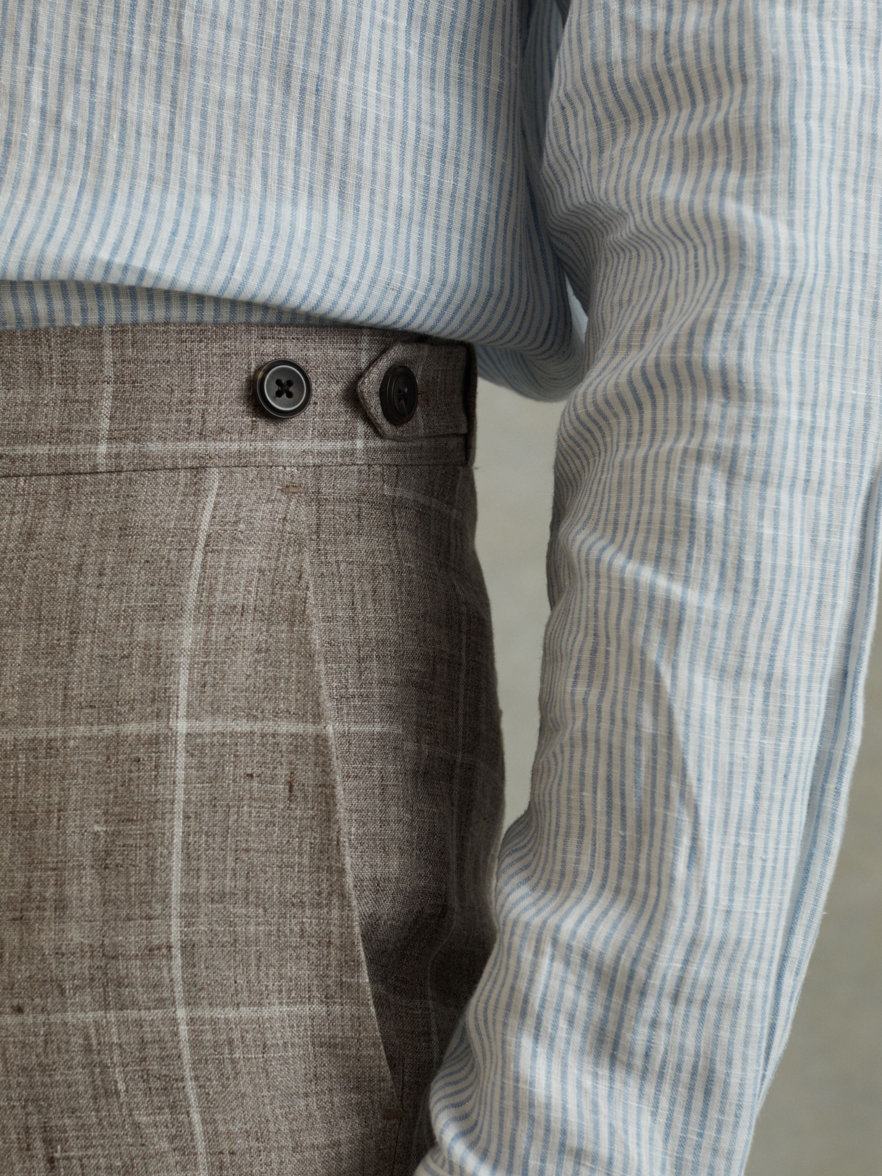 Burgess Light Taupe 100% Linen Side Adjuster Check Slim Fit Trousers