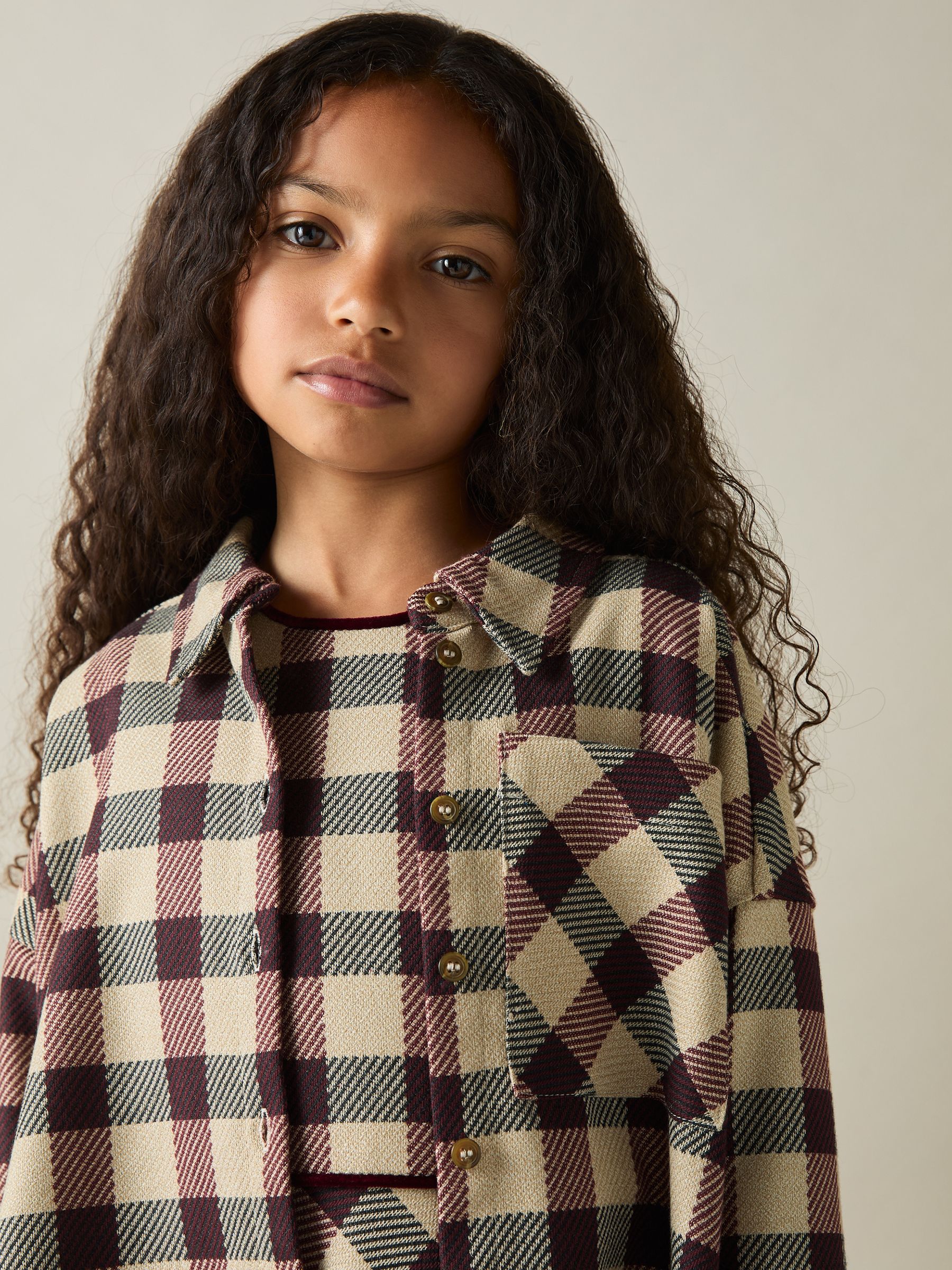 9-13 yrs Oversized Woven Check Shirt in Burgundy