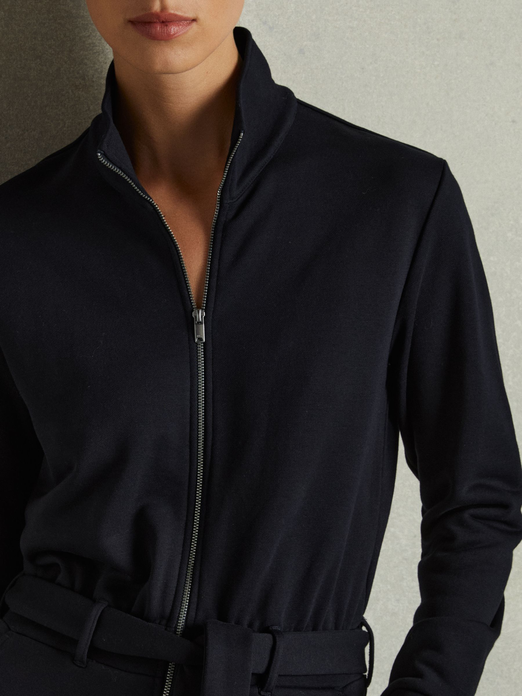 Belted Loopback-Jersey Jumpsuit in Navy