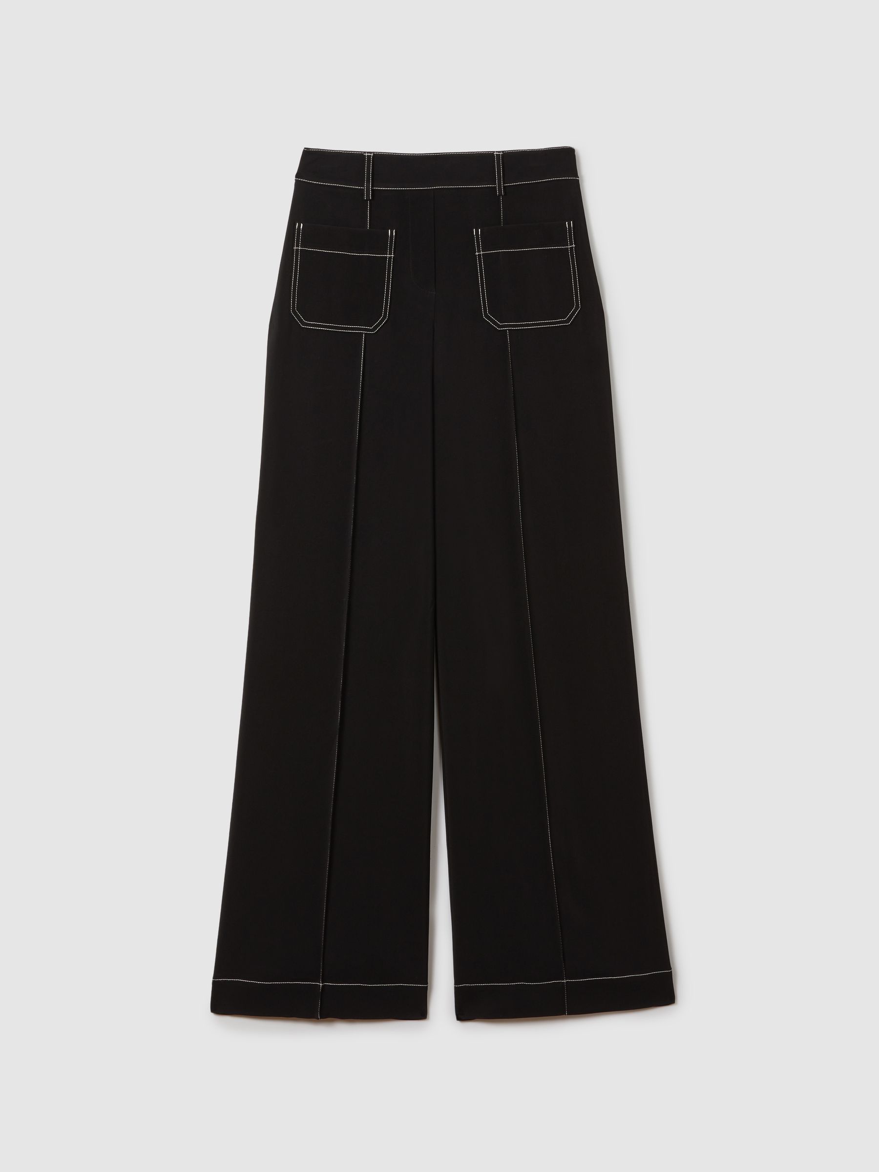 Petite Contrast Stitch Wide Leg Trousers in Black
