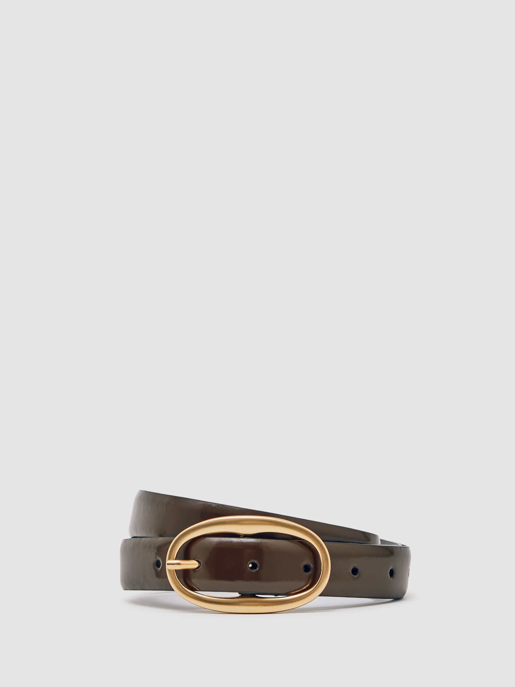 Patent Leather Oval Buckle Belt in Chocolate