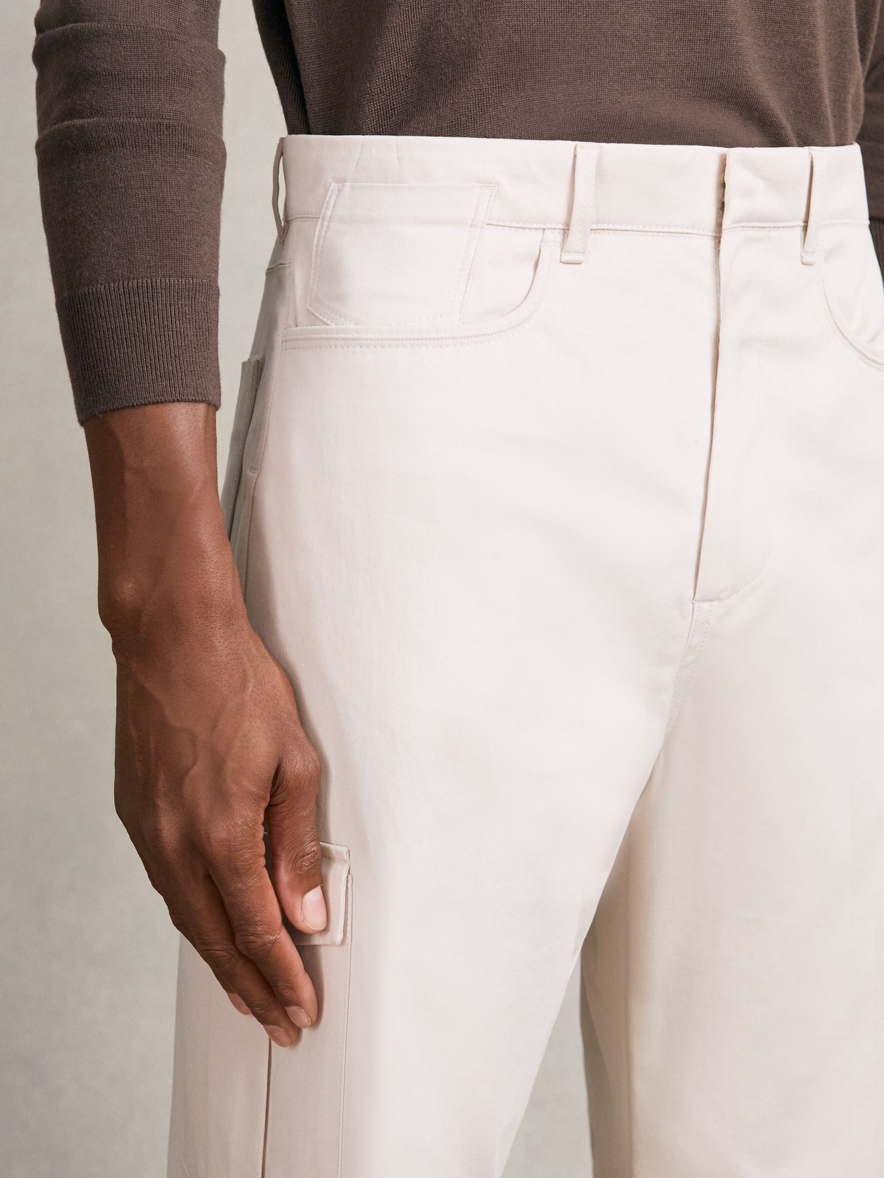 Cotton Tapered Cargo Trousers With Stretch in Stone