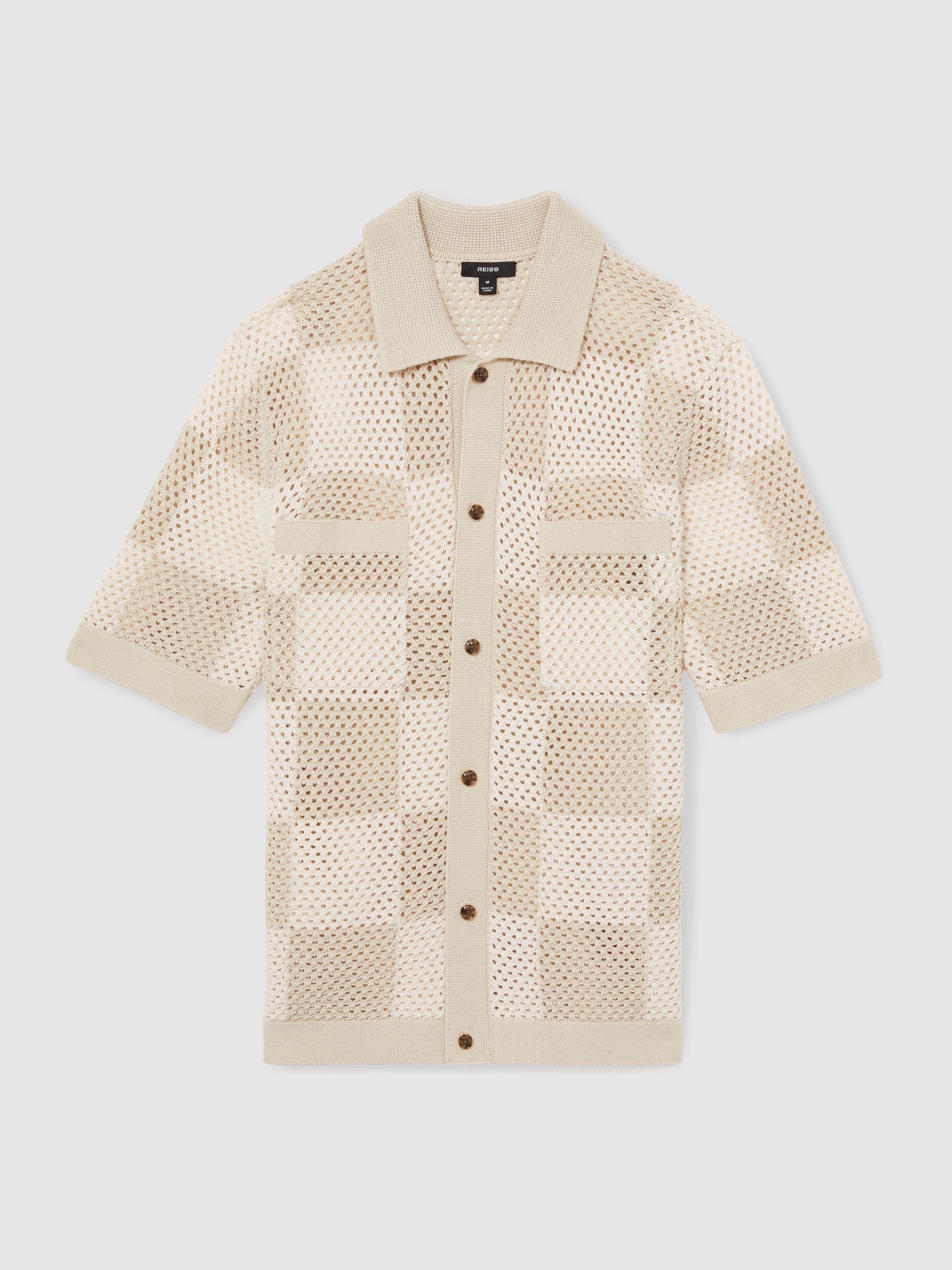 Cotton Chequerboard Crochet Shirt in Taupe/Off White
