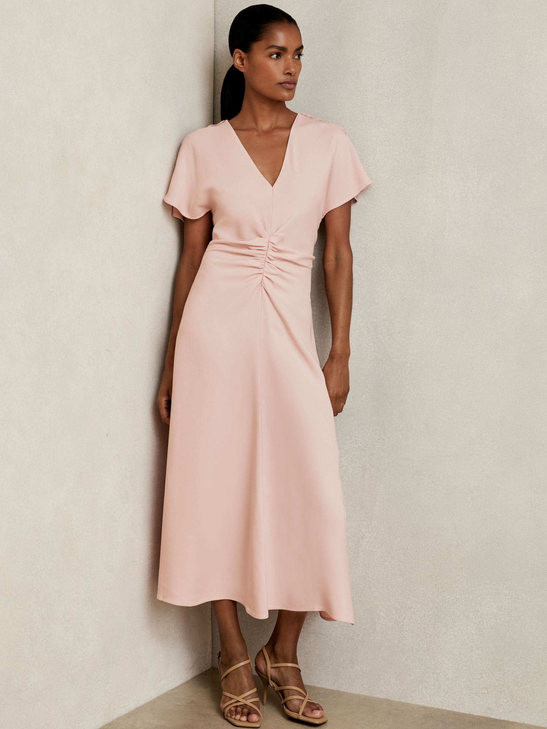 Ruched-Front Midi Dress in Pale Pink