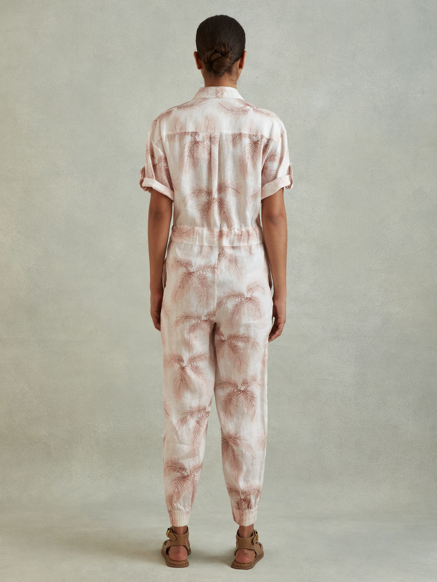 Linen Tropical Print Belted Jumpsuit in Blush