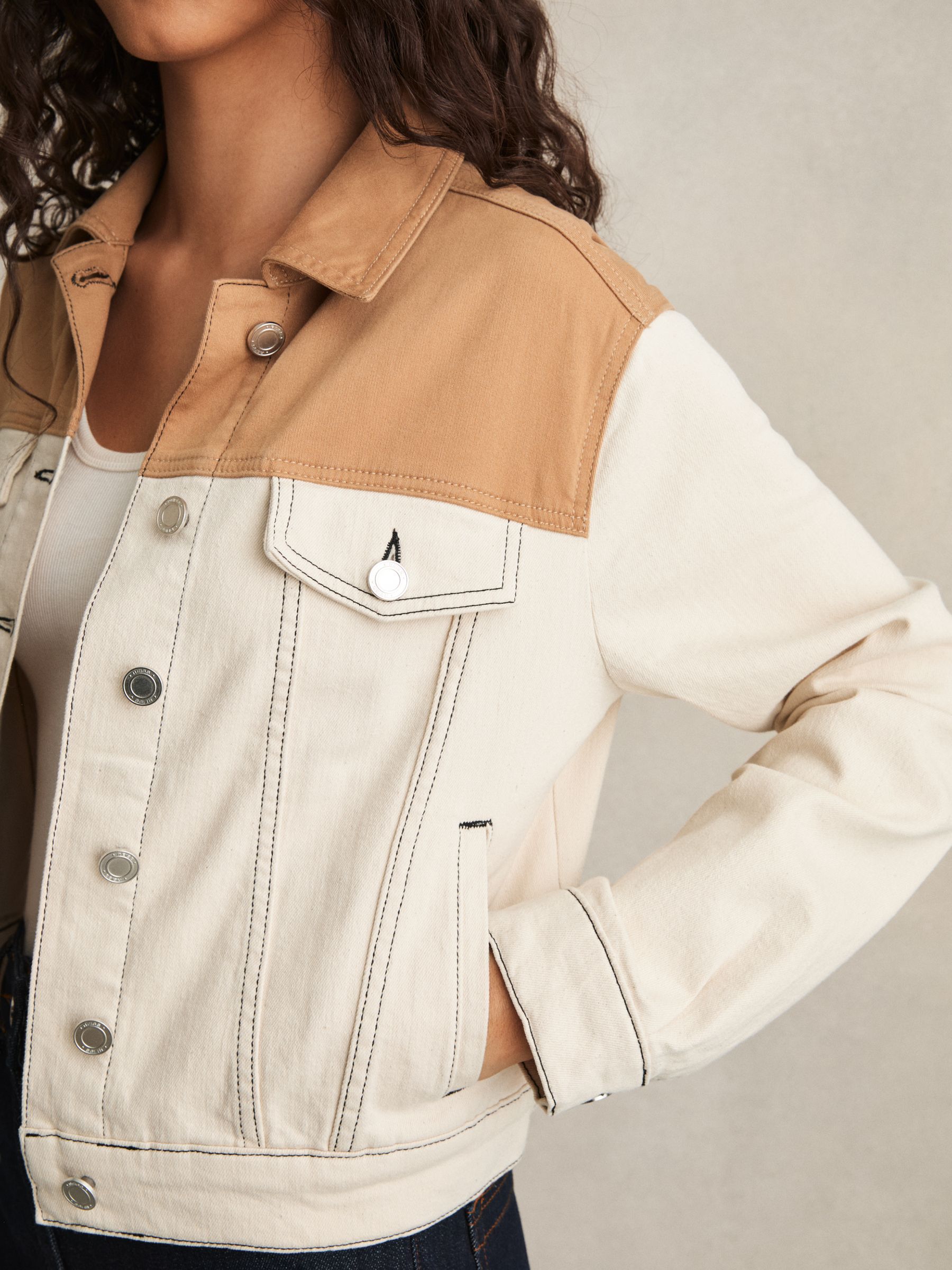 Colour-Block Denim Jacket in Ecru