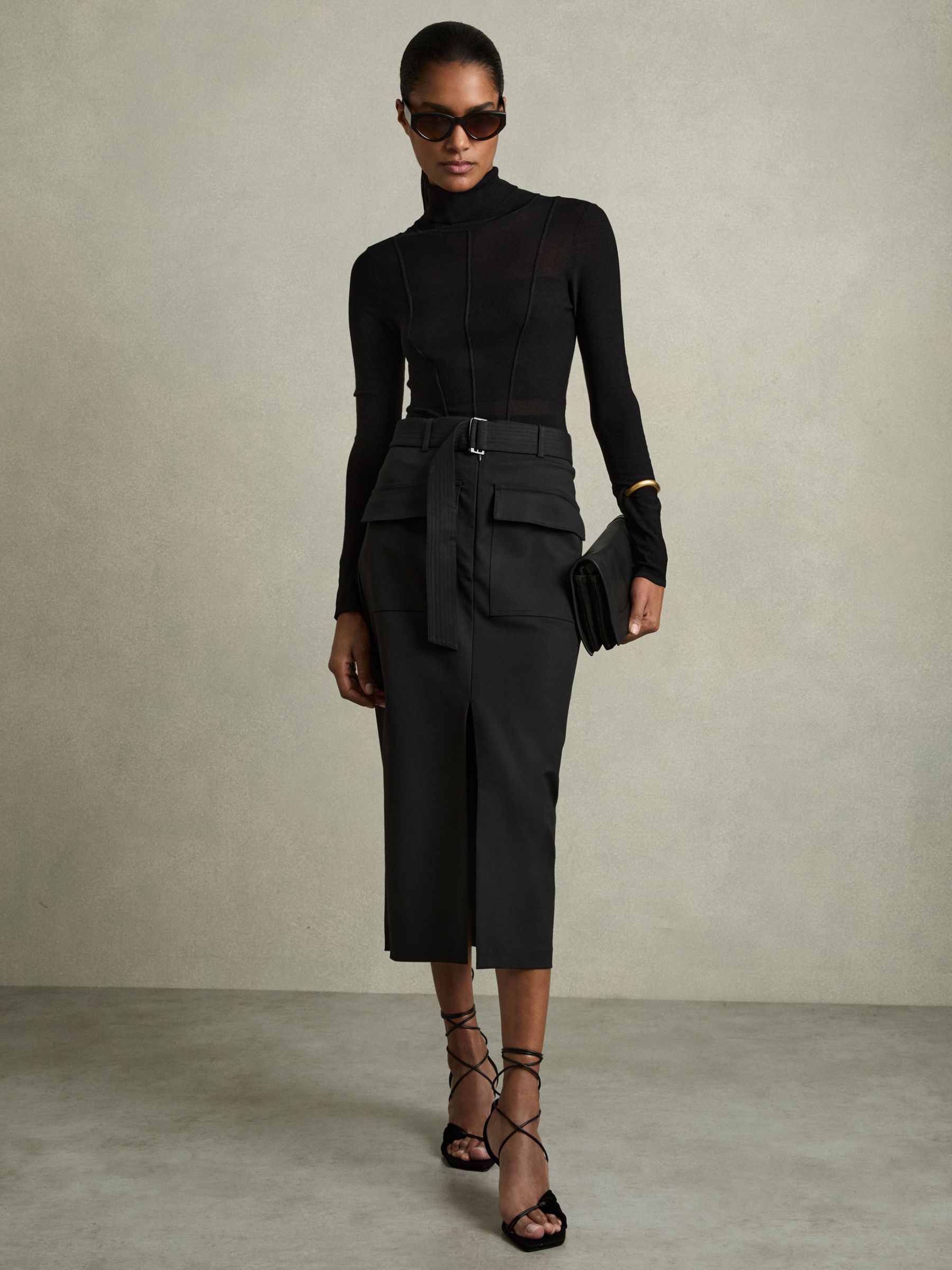 Cargo Pencil Skirt With Cotton in Black