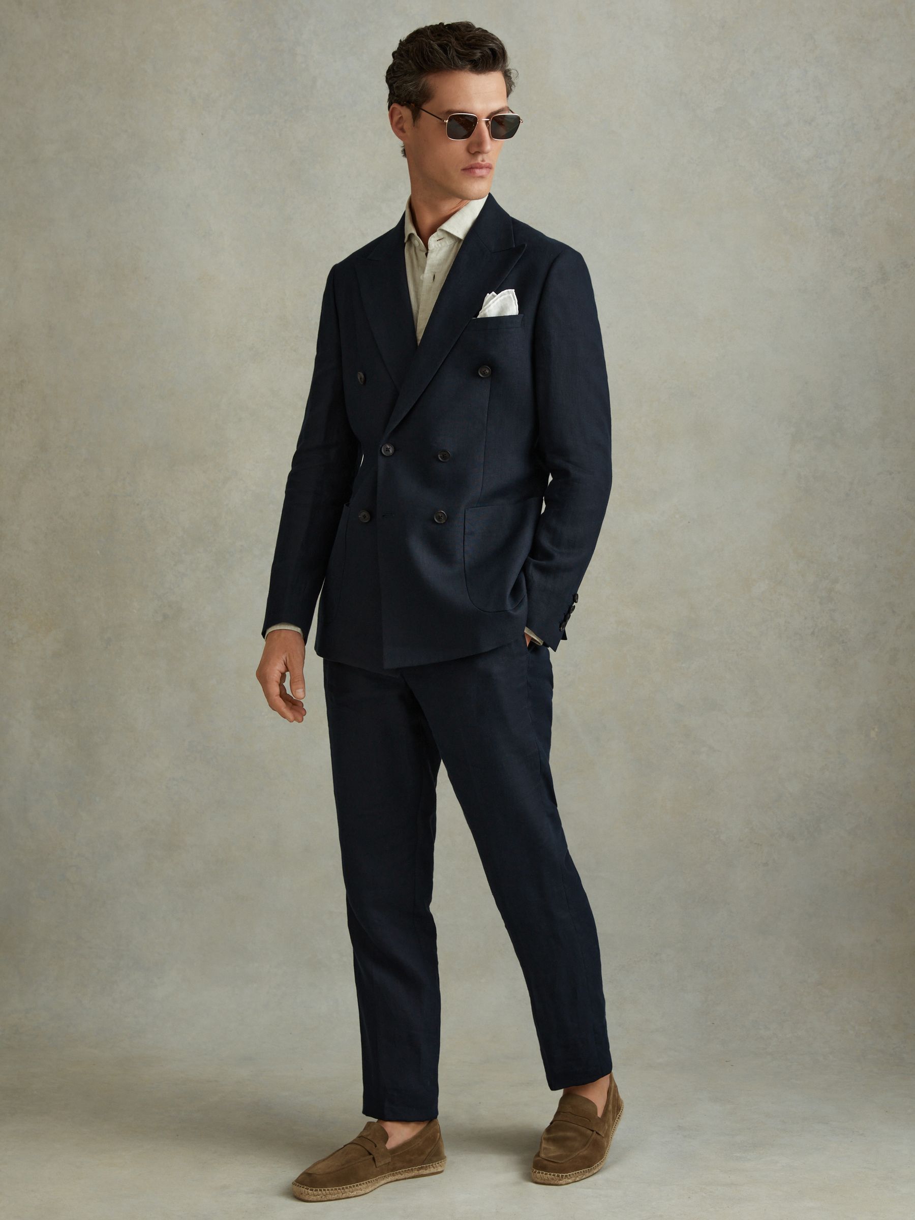 Double Breasted 100% Linen Slim Fit Blazer in Navy