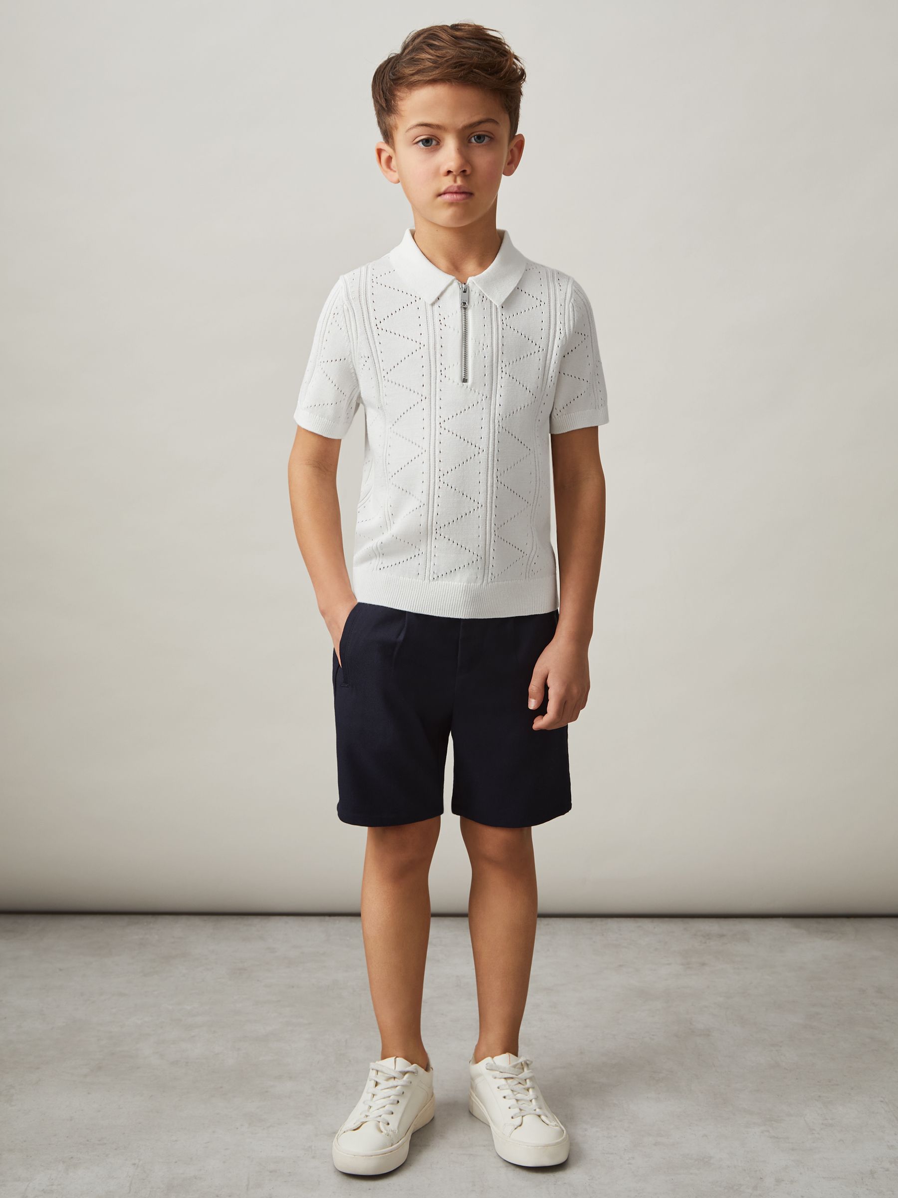9-13 yrs Half-Zip Pointelle Polo Shirt in Off White
