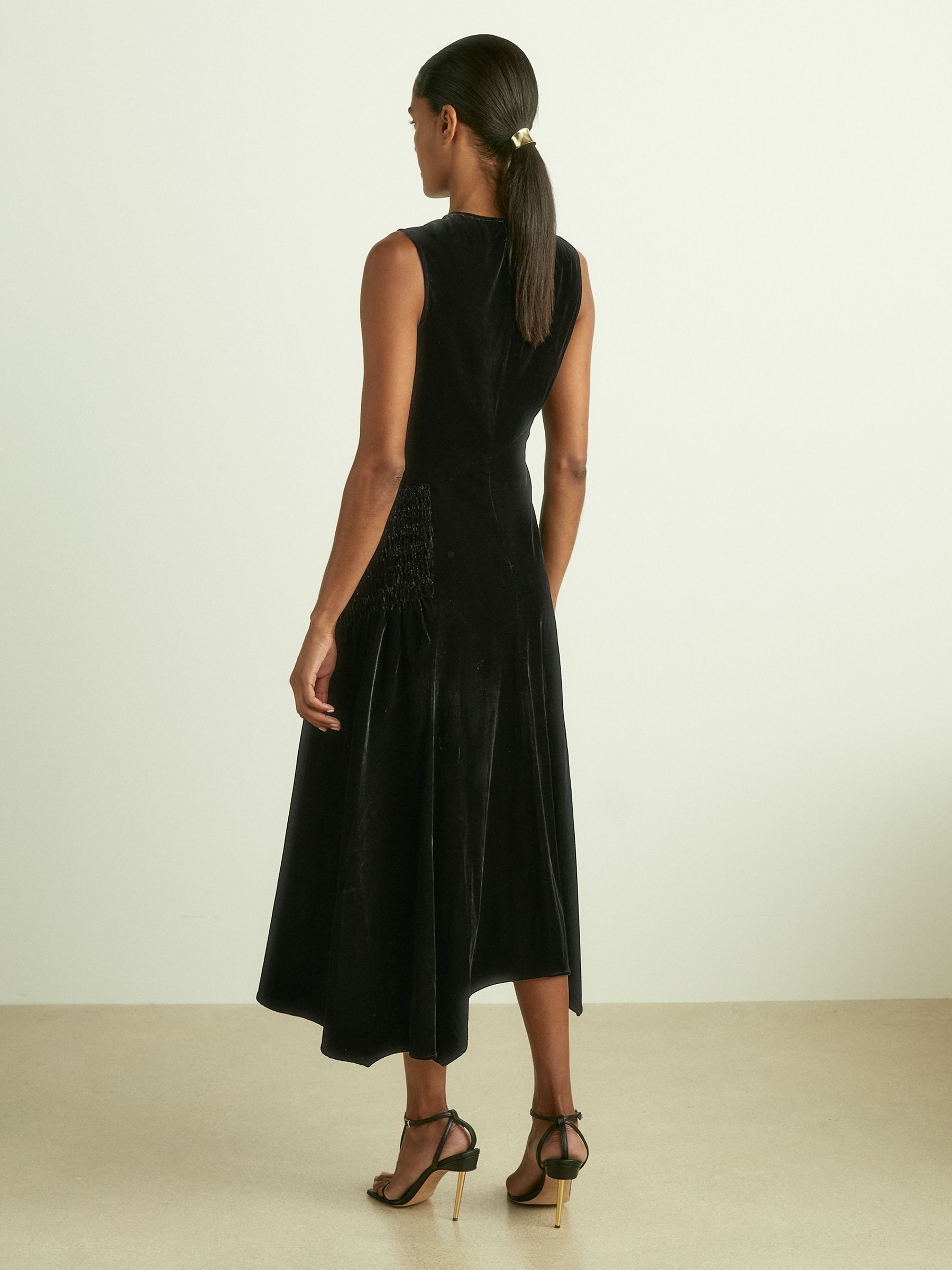Velvet Shirred Panel Midi Dress in Black