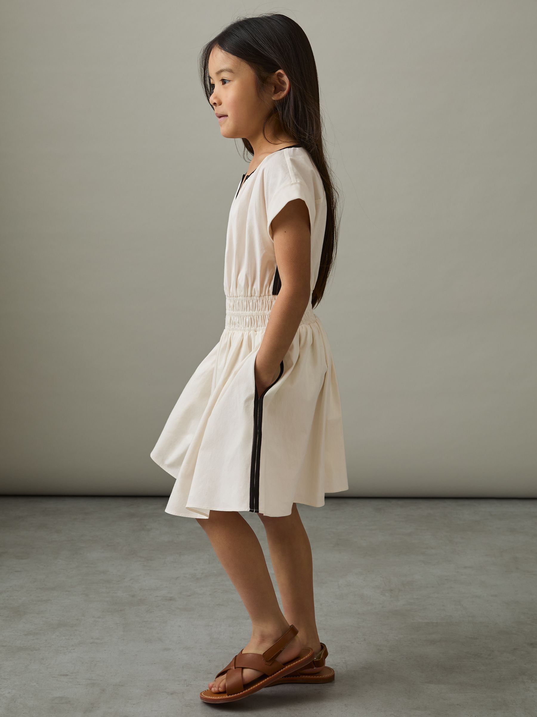 13-14 yrs Cotton Cap-Sleeve Ruched Dress in Ivory