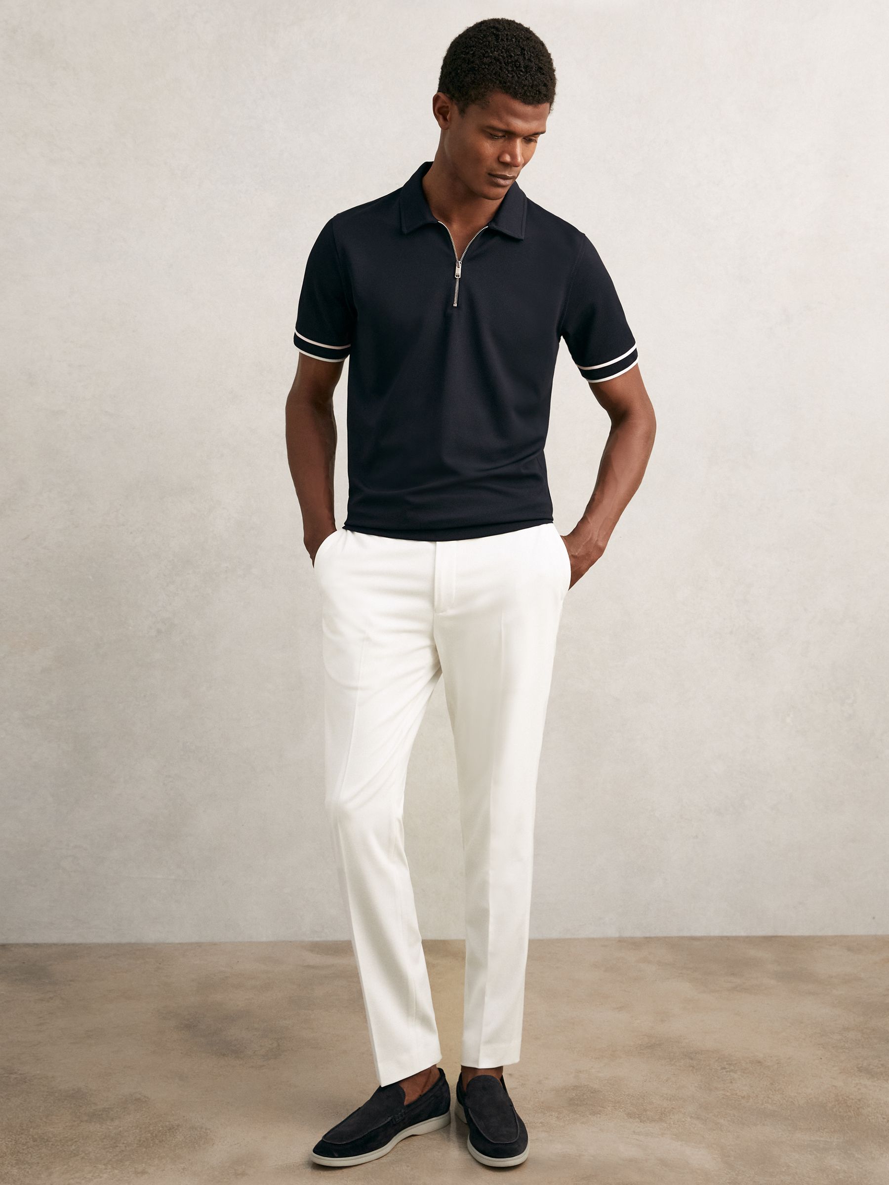 Textured Half-Zip Tipped Polo Shirt in Navy