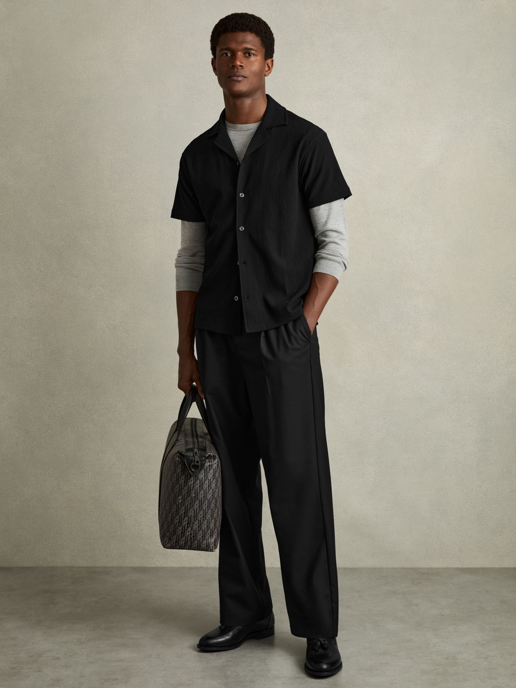 Textured Crepe Cuban Collar Shirt in Black