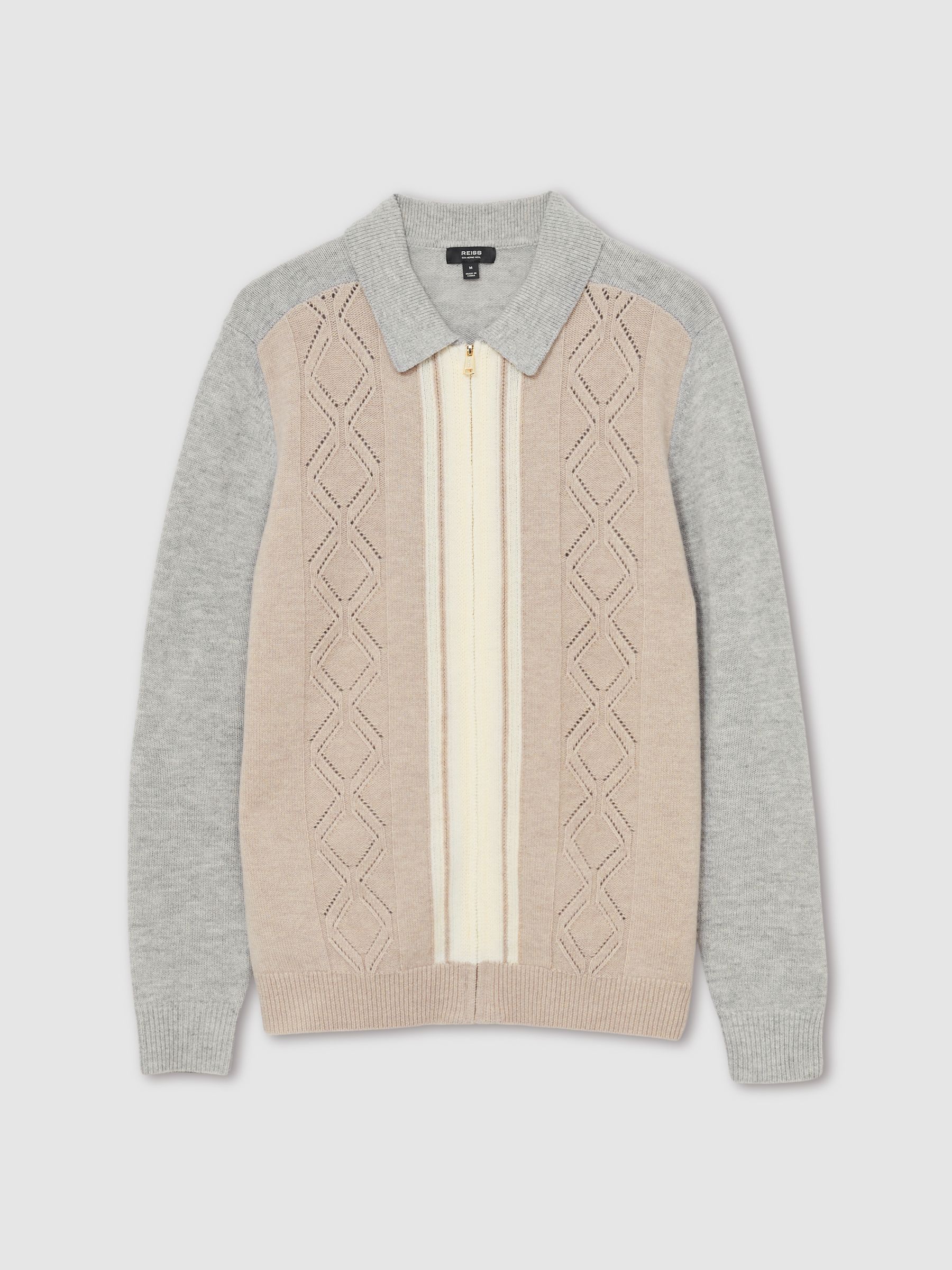 Wool Colour-Block Zip-Through Cardigan in Oatmeal/White