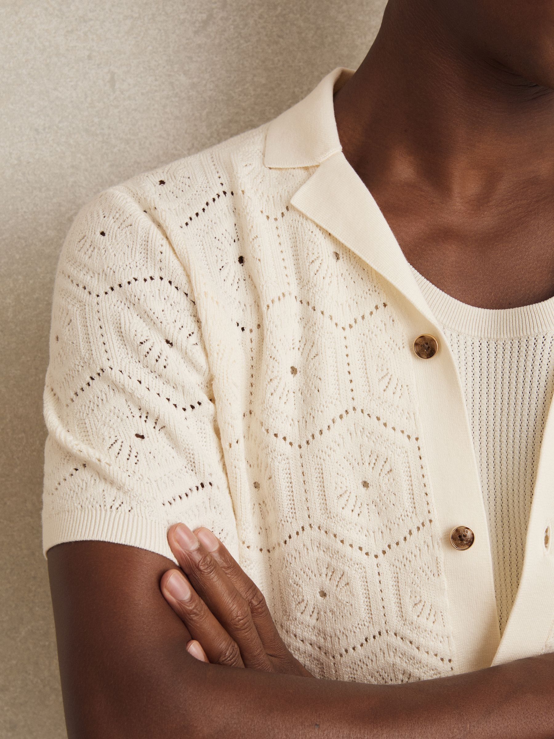 Pointelle Button-Through Shirt in Off White