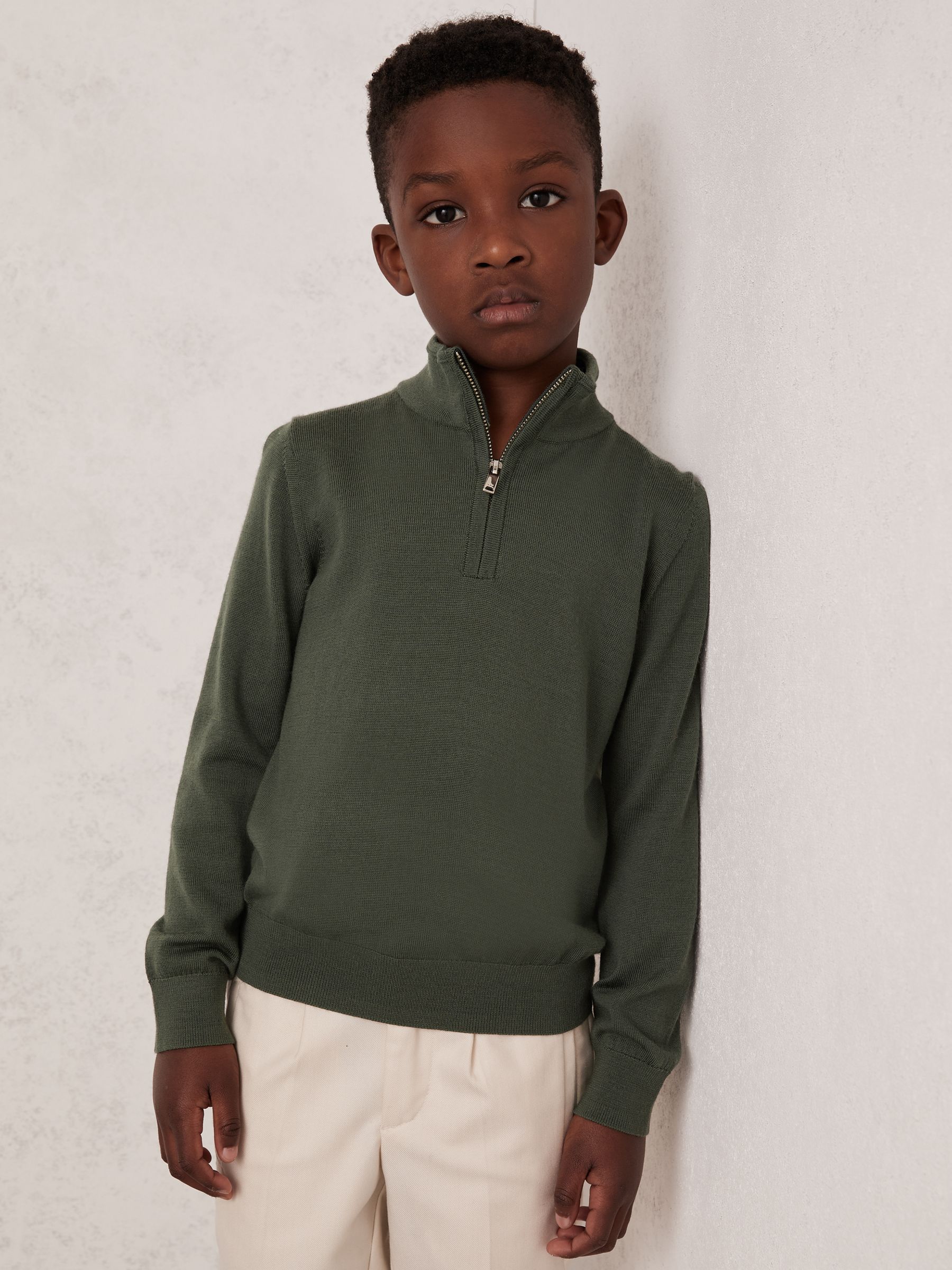 3-9 yrs Merino Wool Half-Zip Funnel Neck Jumper in Kale Green