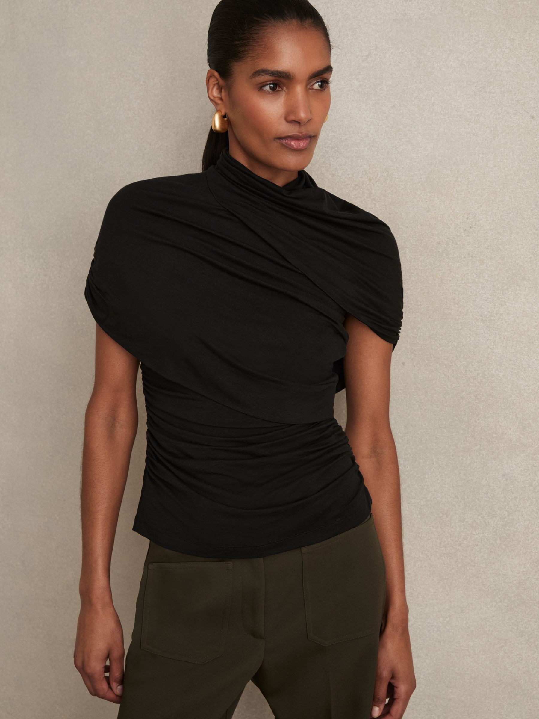 Stretch Lyocell Draped Top in Black