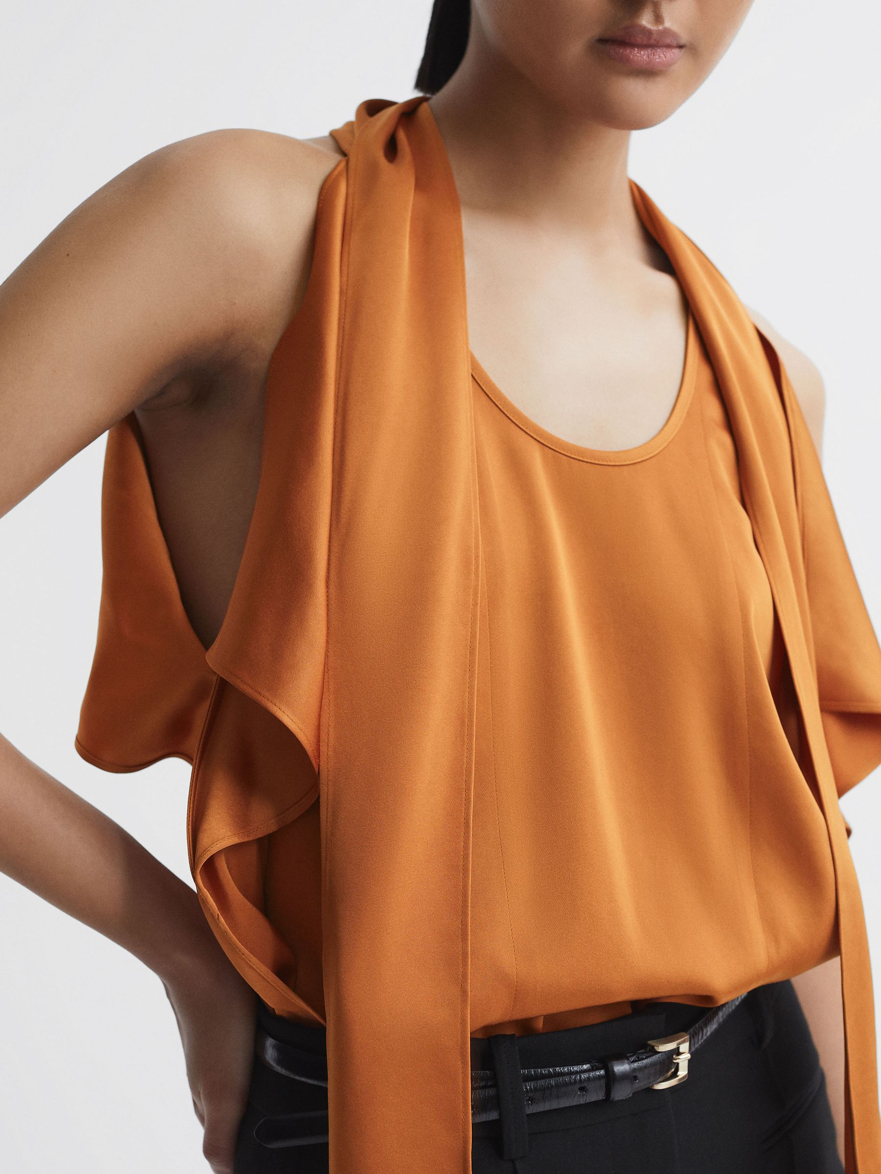 Tie Neck Draped Satin Blouse in Rust