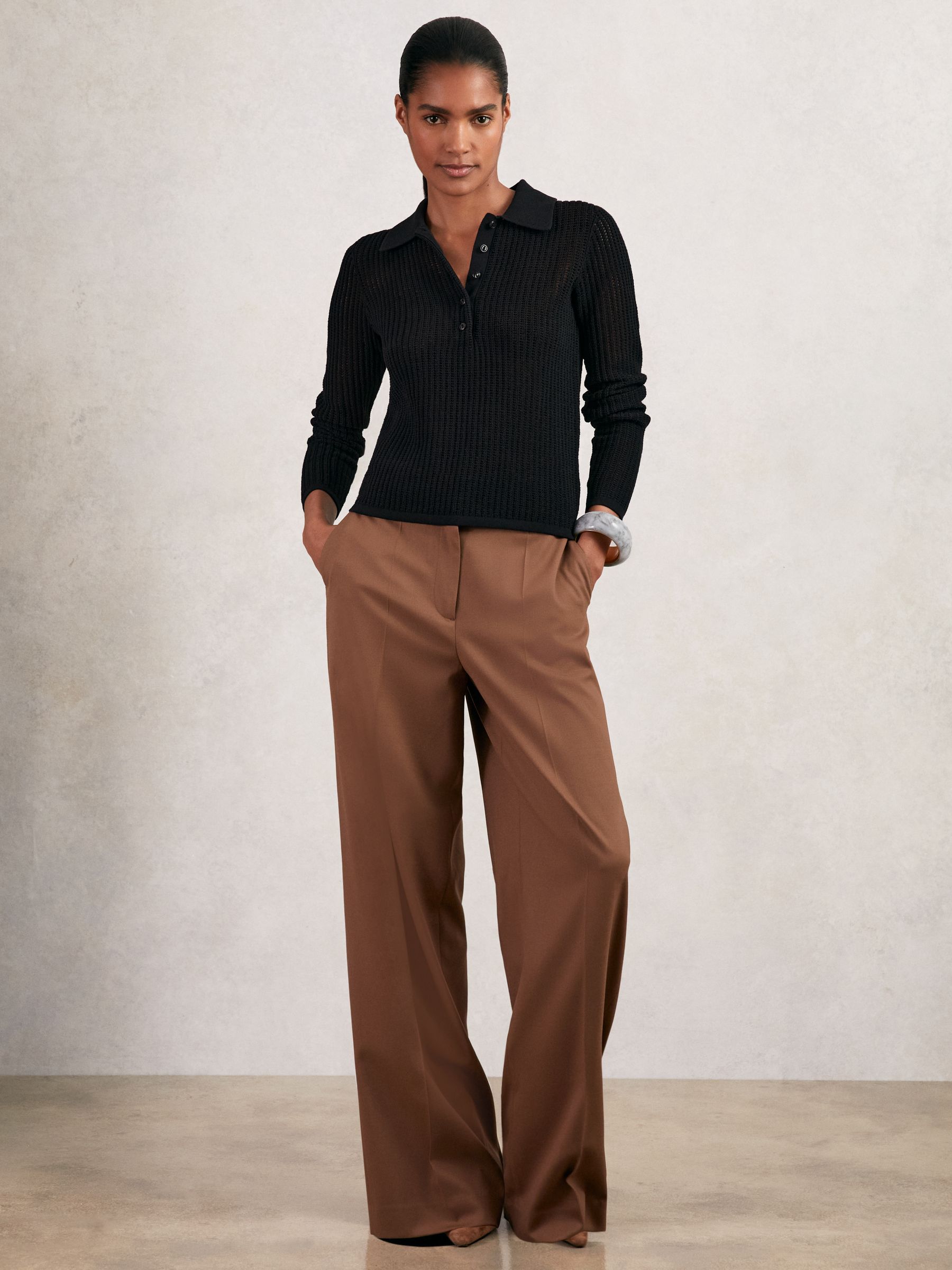 Open-Knit Long-Sleeve Polo Top in Black