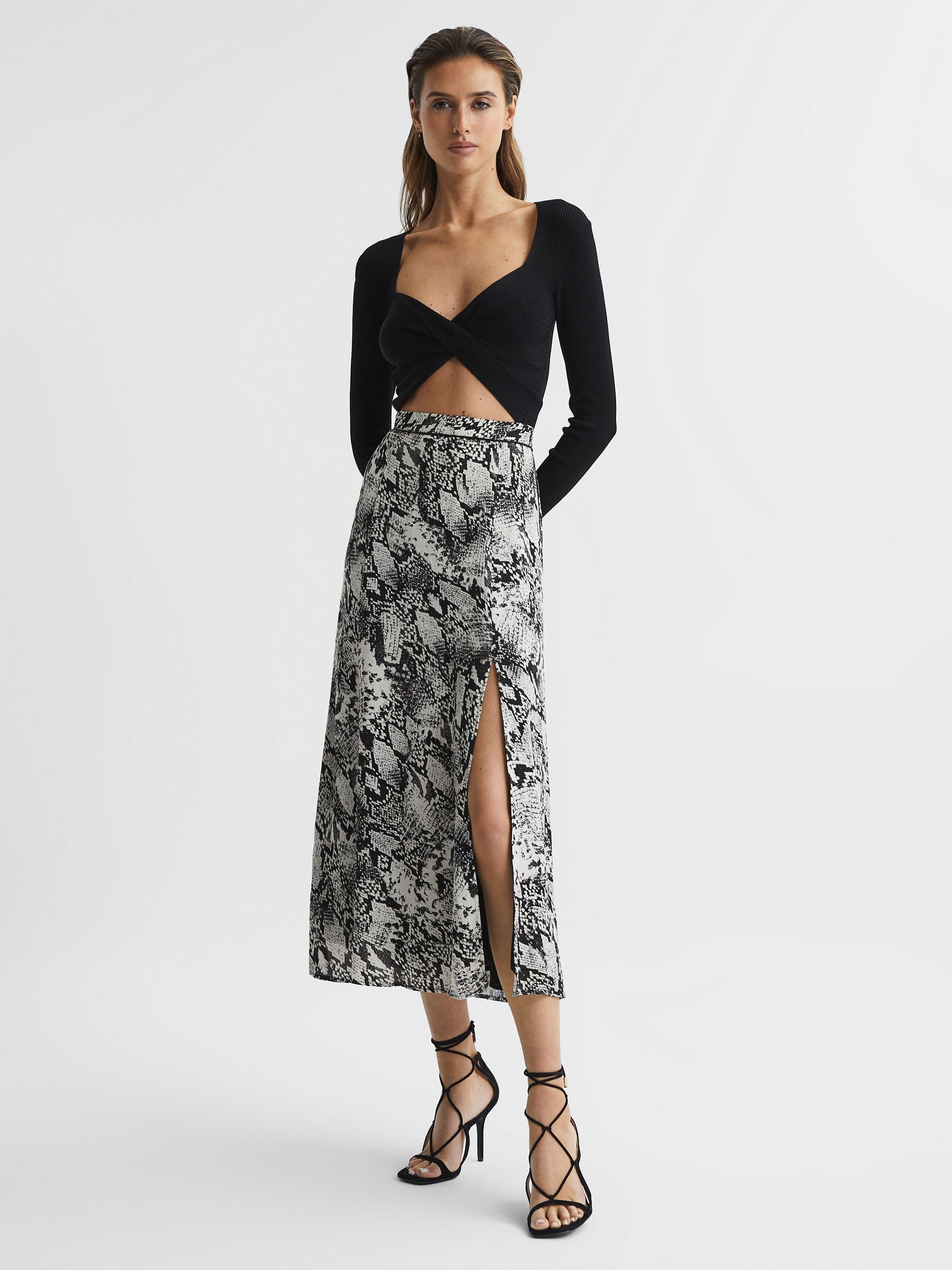 Printed Slip Midi Skirt in Black