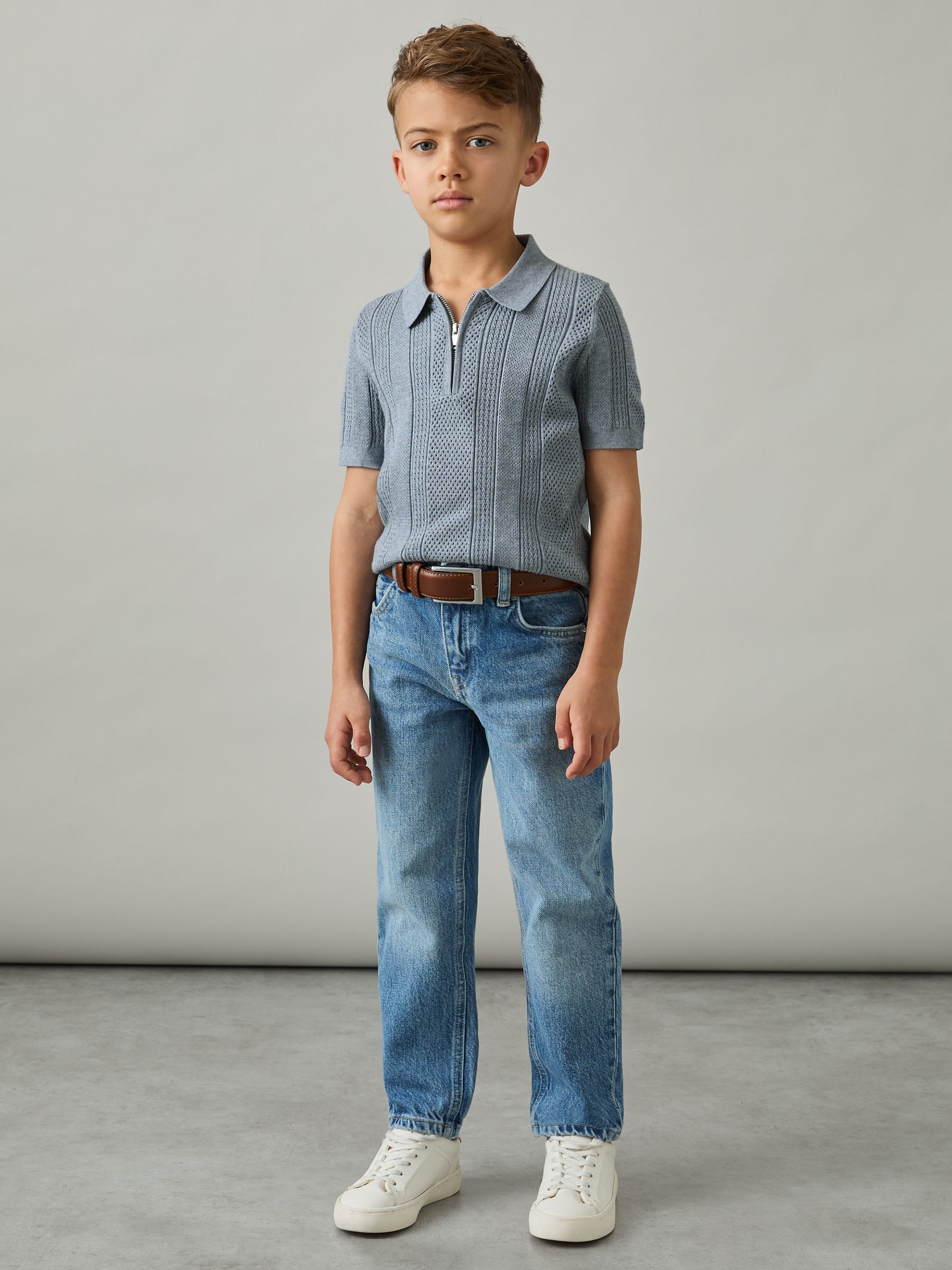 9-13 yrs Textured-Knit Half-Zip Polo Shirt in Airforce Blue