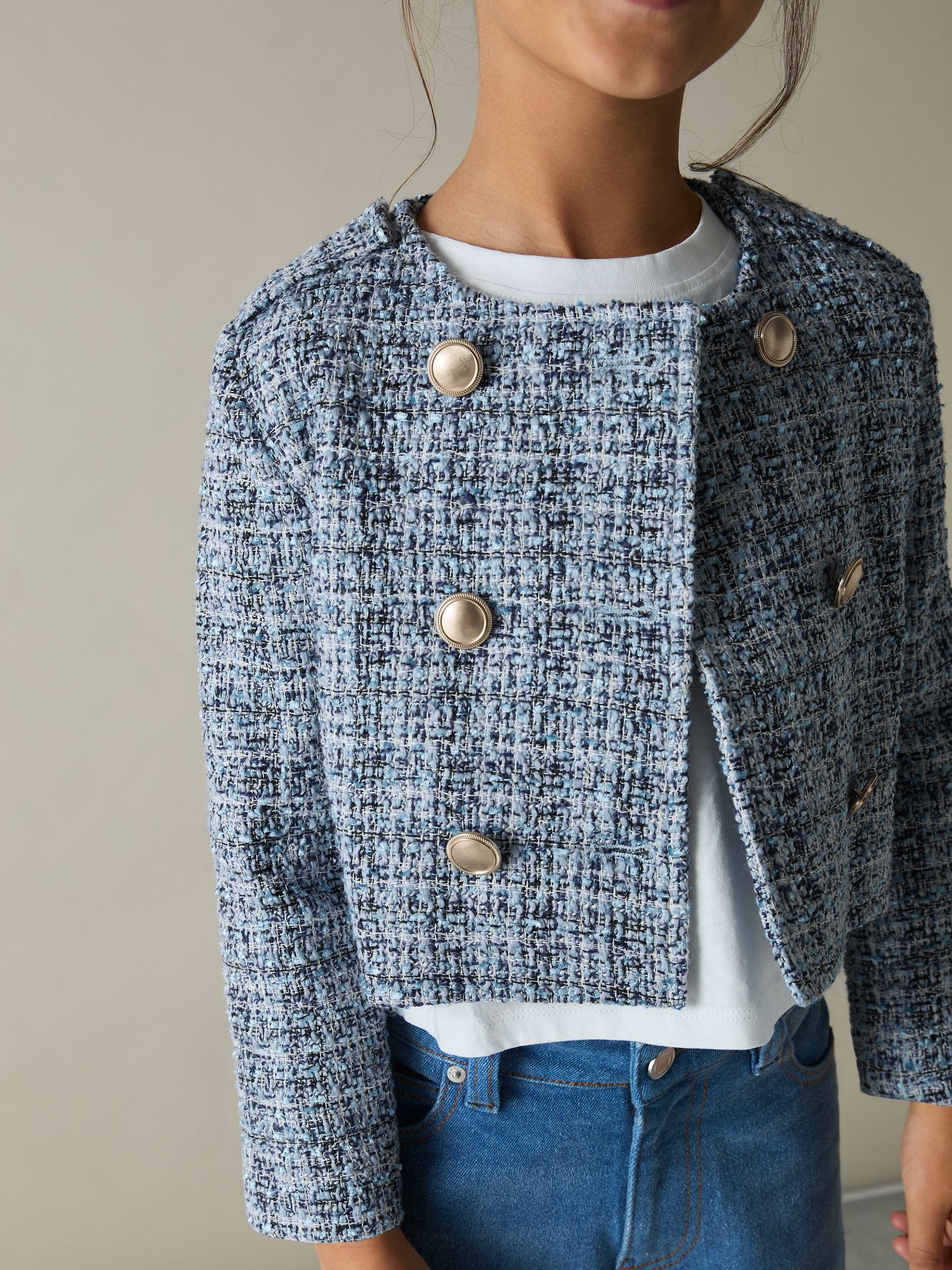 9-13 yrs Double-Breasted Bouclé Jacket in Blue