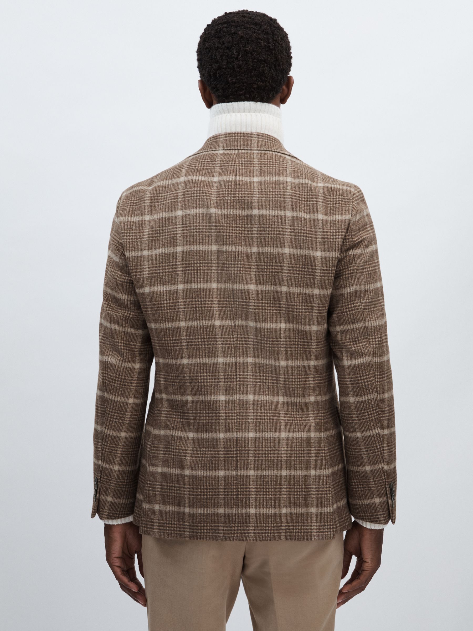 Oscar Jacobson Wool-Blend Single-Breasted Check Blazer in Dark Beige