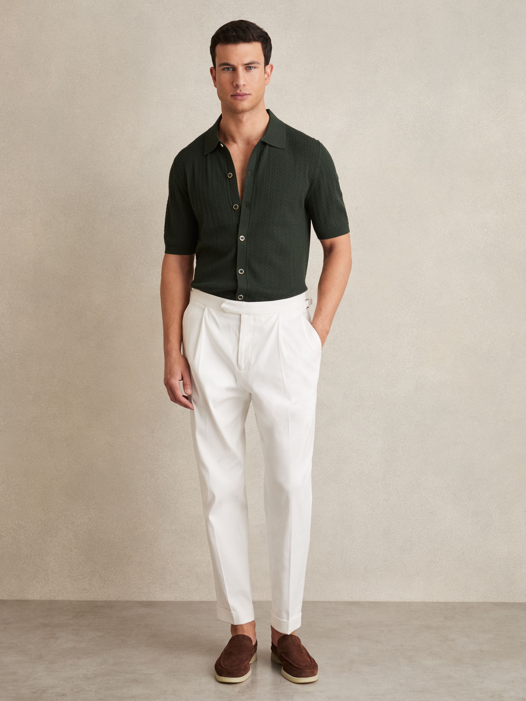 Textured Knit Button-Through Shirt in Dark Green