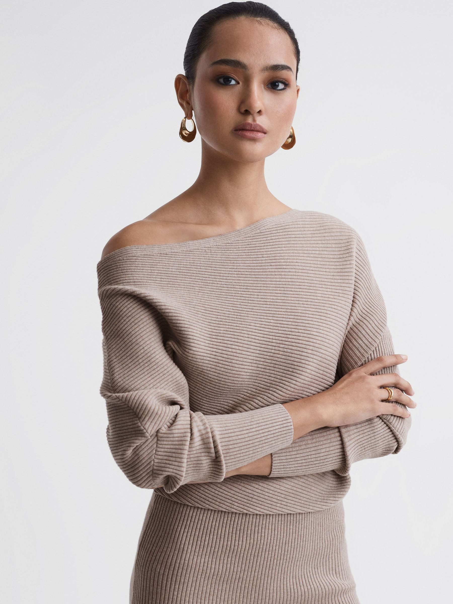 Off-The-Shoulder Ribbed Midi Dress in Neutral