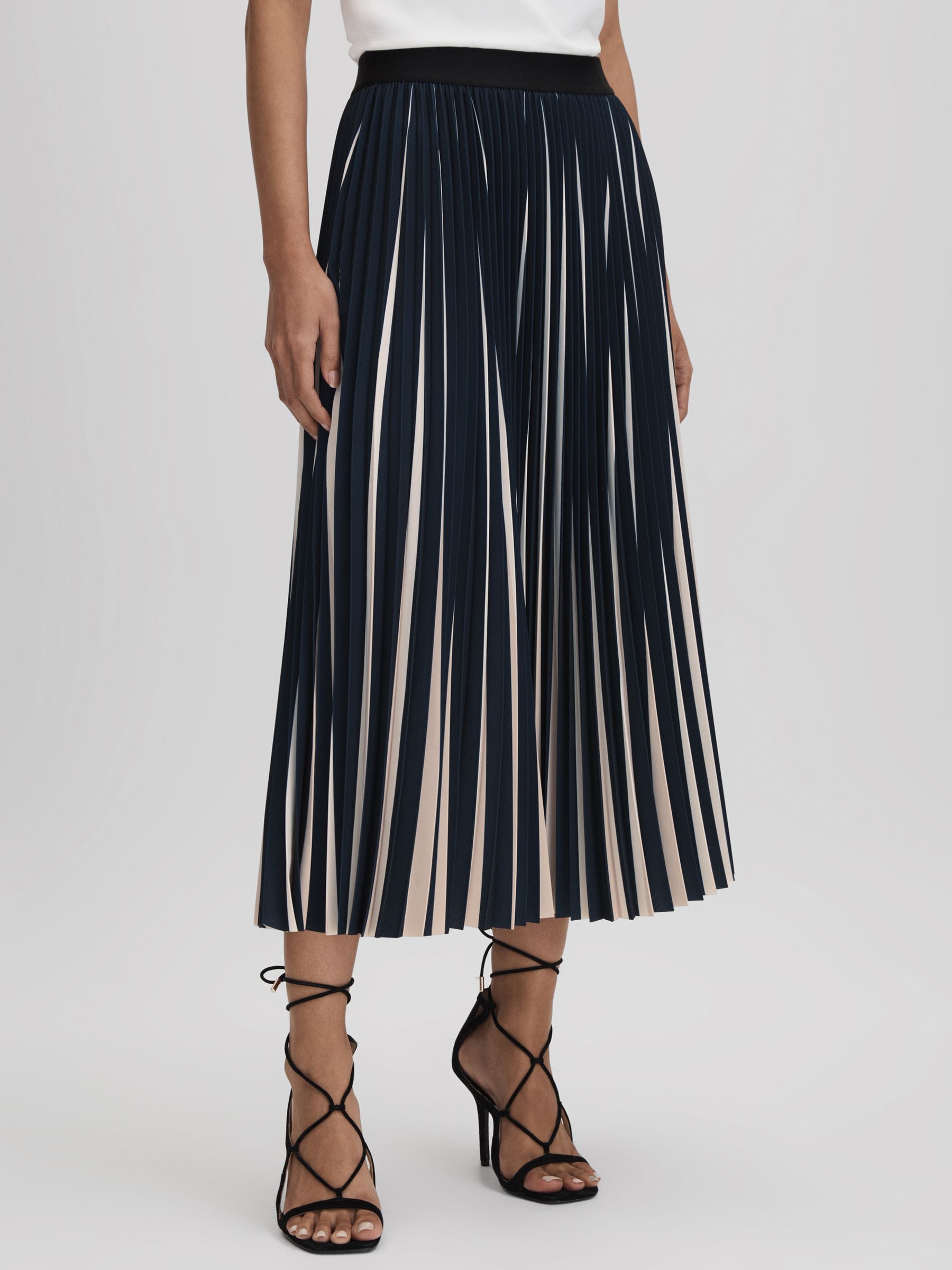 Pleated Striped Midi Skirt in Navy/Cream