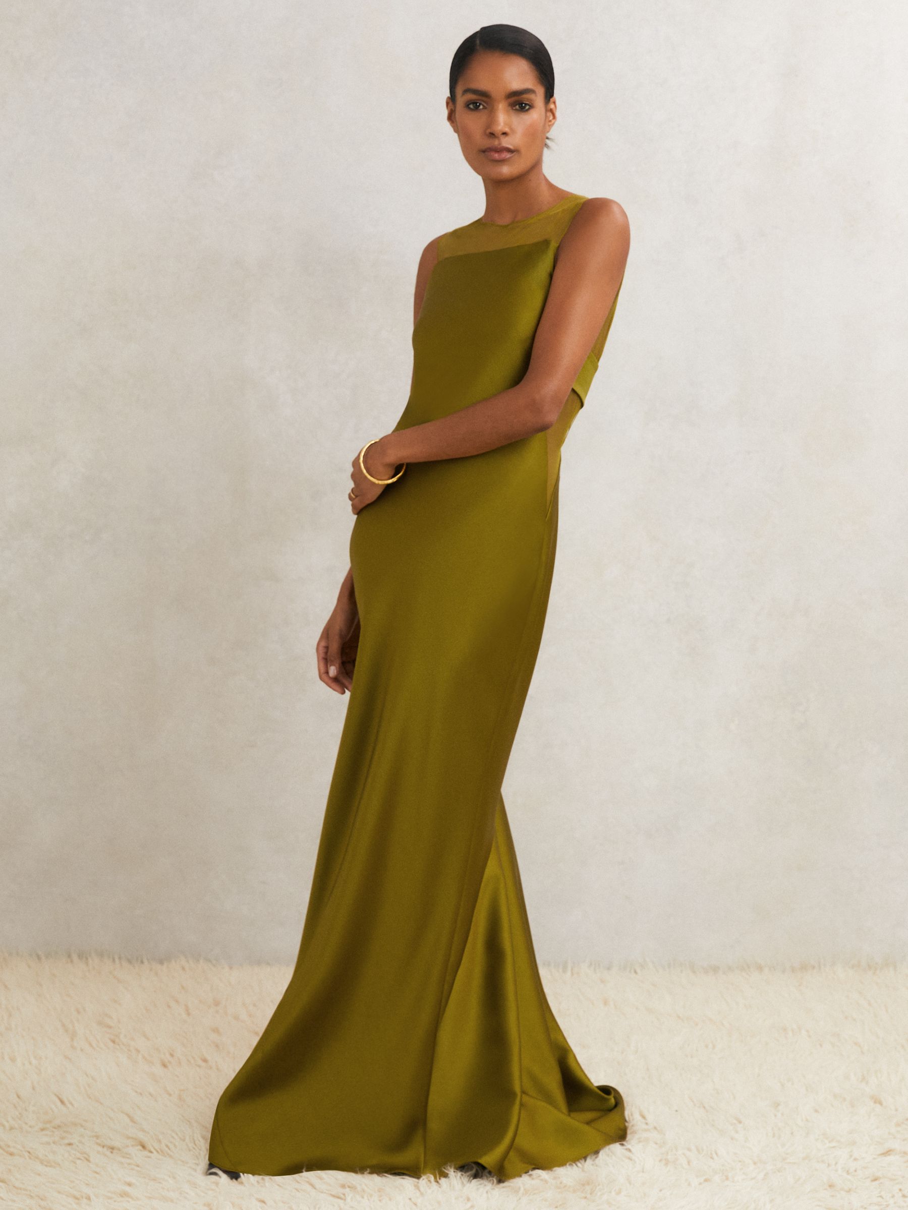 Atelier Satin Sheer-Panel Maxi Dress in Green