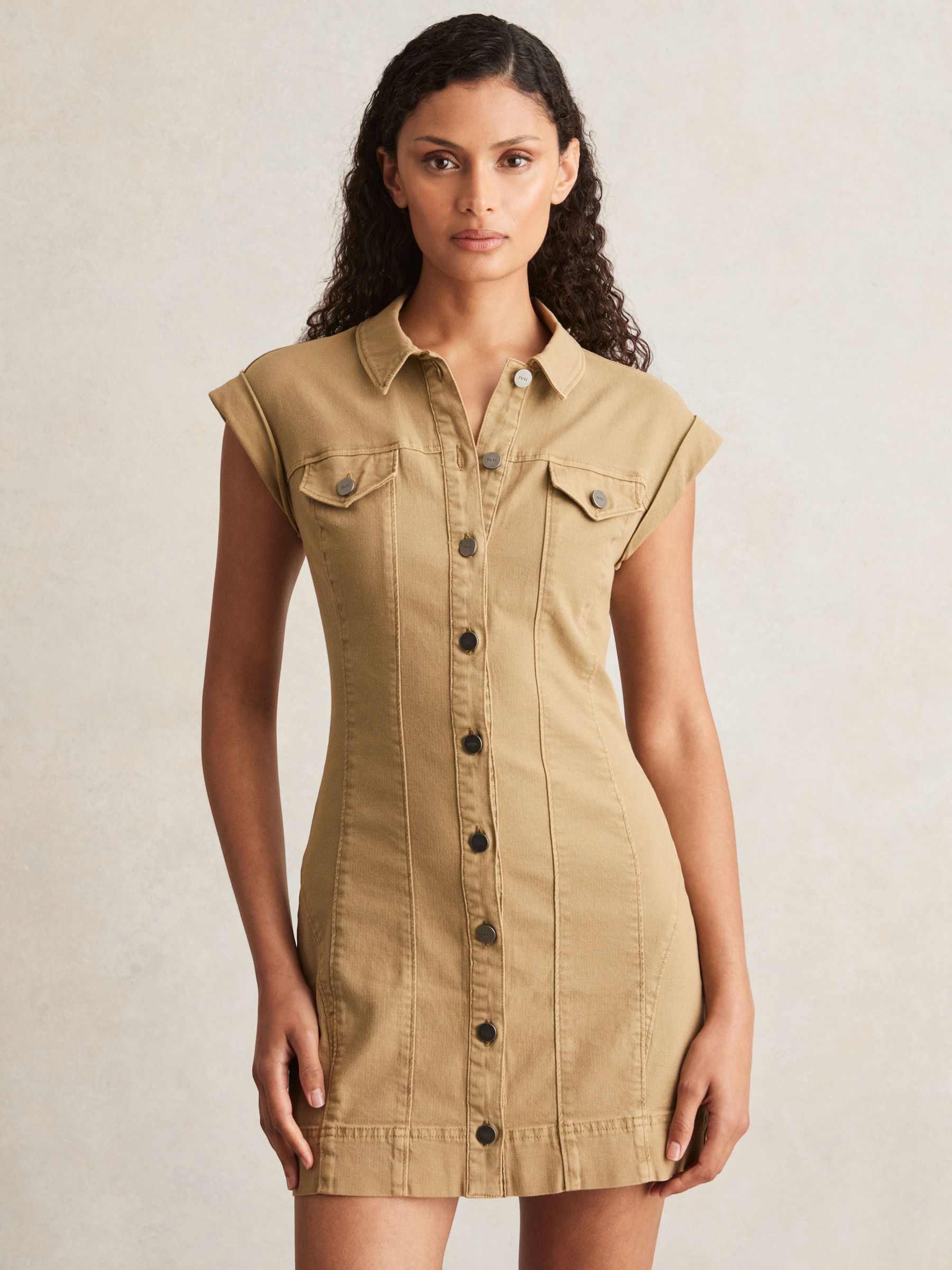 Paige Fern Beige Denim Button Through Mini Dress in Fern Beige