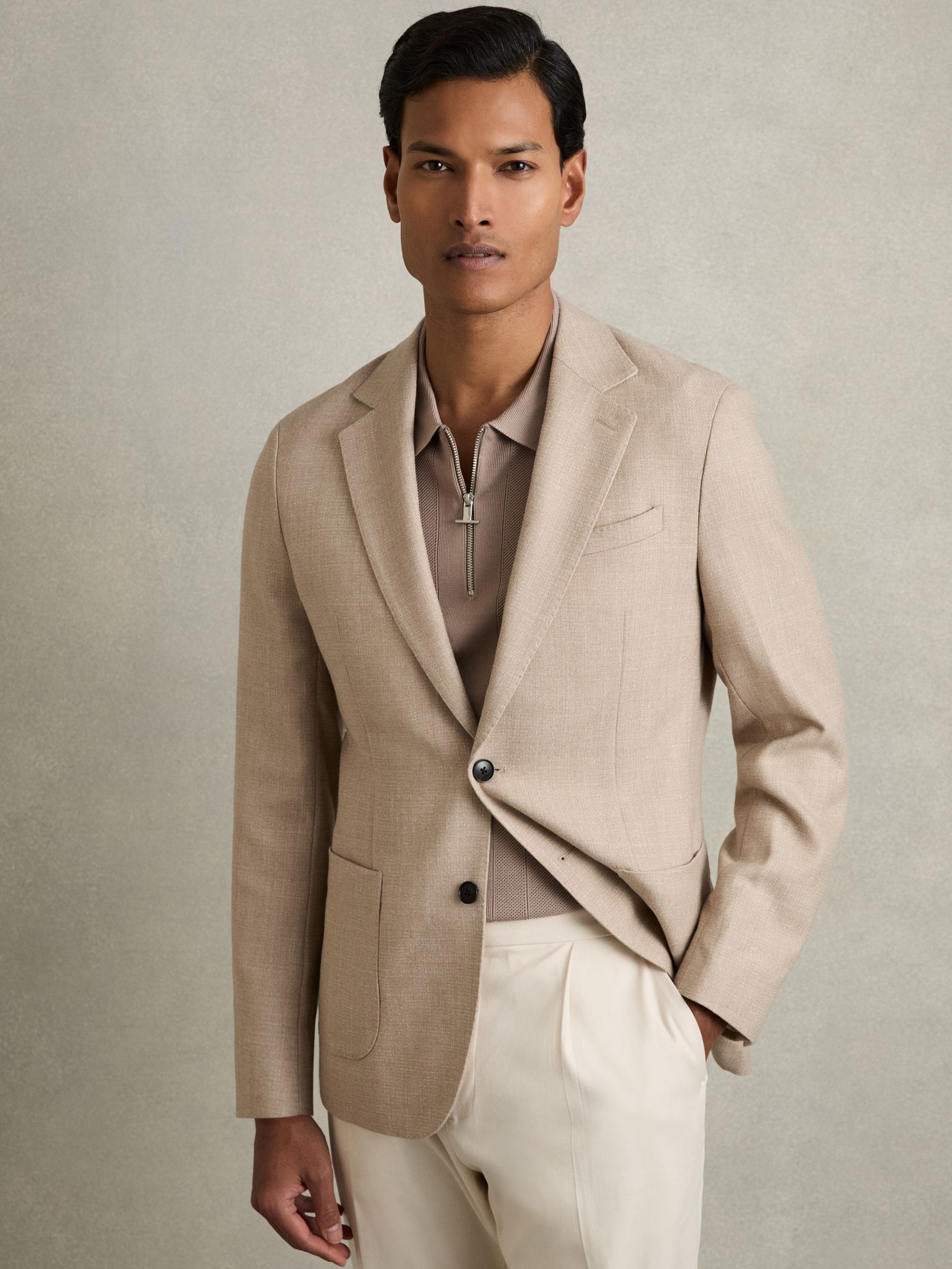 Half-Zip Textured-Knit Polo Shirt in Taupe Brown