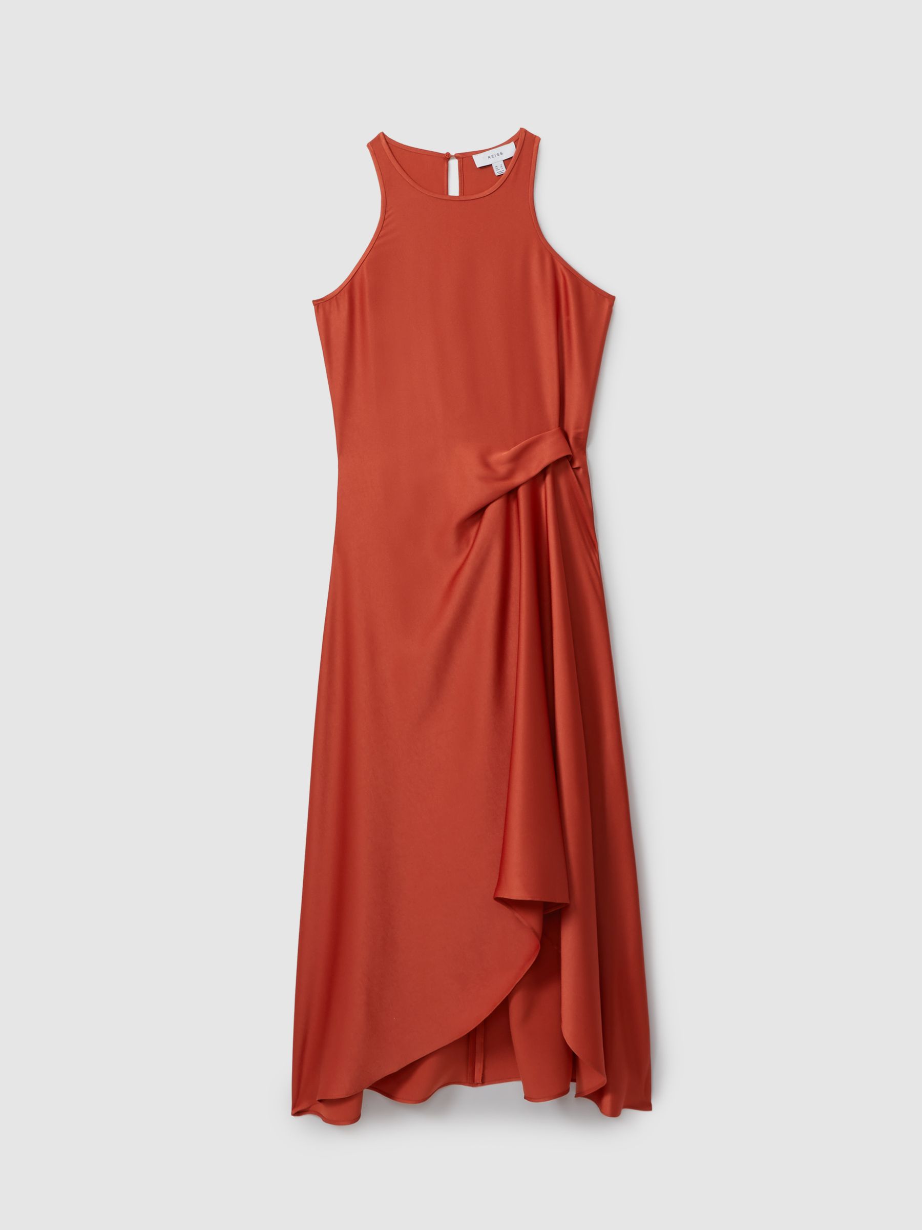 Satin Drape Tuck Midi Dress in Rust
