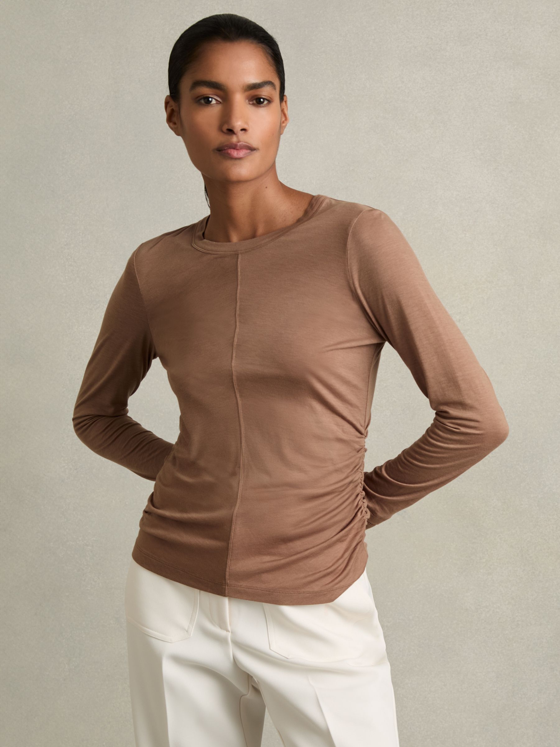 Ruched Side Crew-Neck Top in Mink