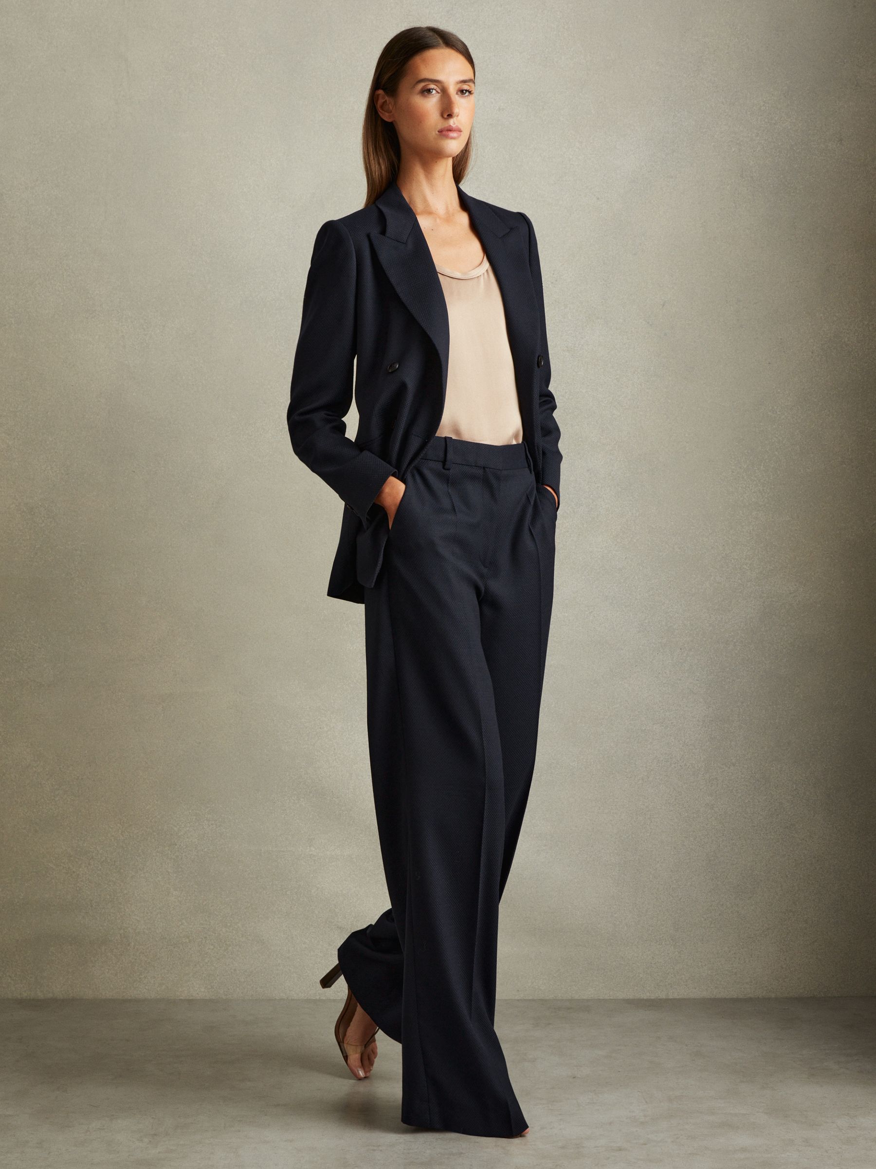 Petite Textured Wide Leg Suit Trousers in Navy
