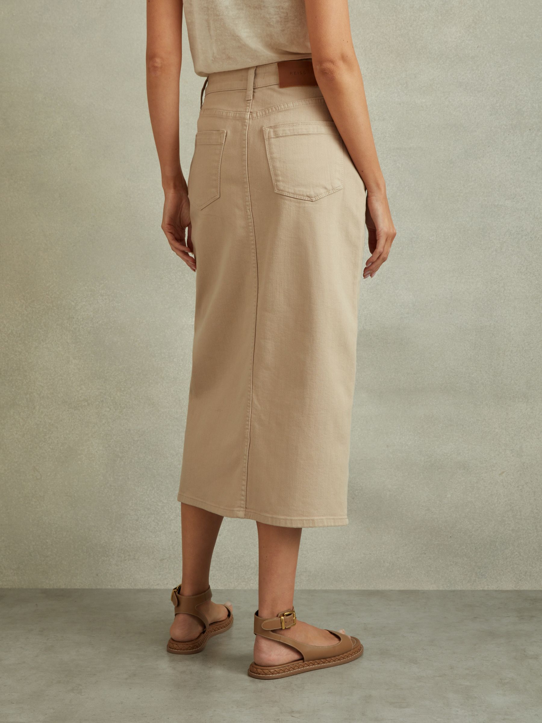 High Rise Denim Midi Skirt in Stone