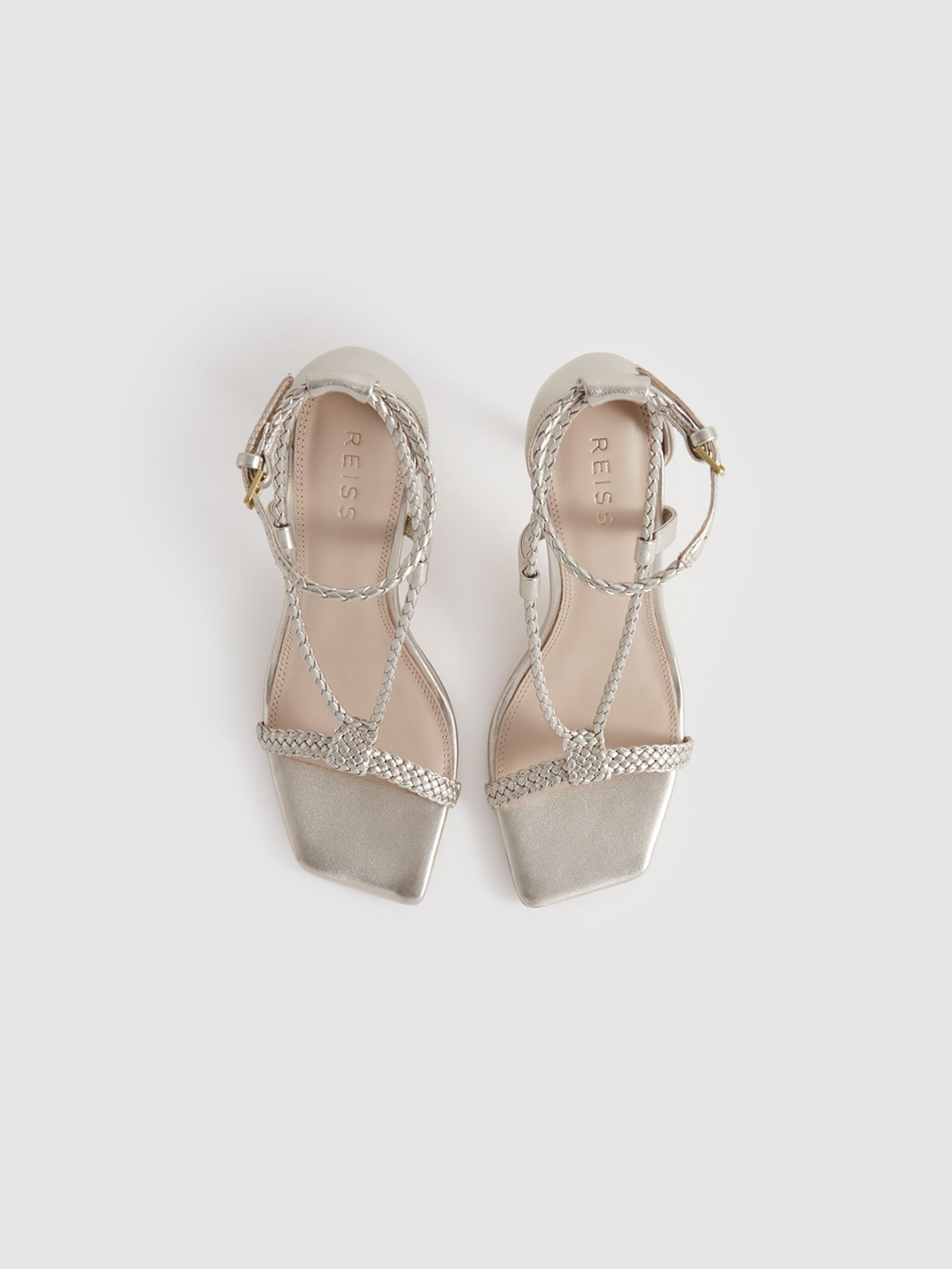 Leather Plaited Strappy Heeled Sandals in Gold