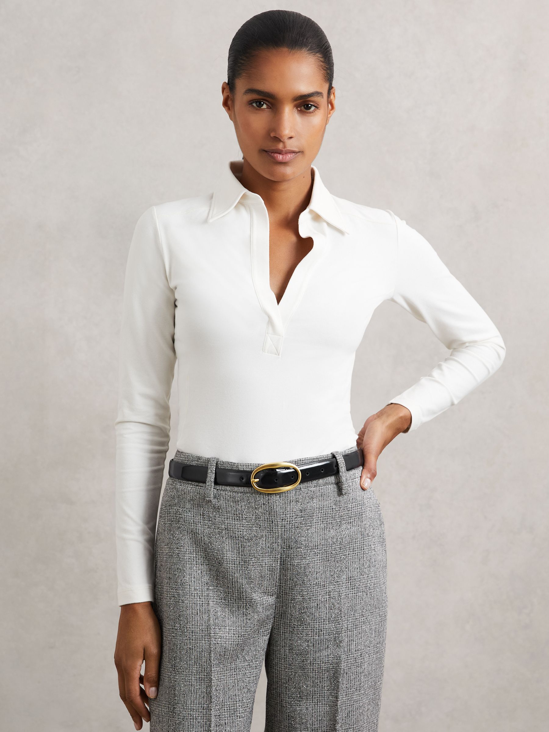 Stretch-Cotton Open-Collar Shirt in Ivory