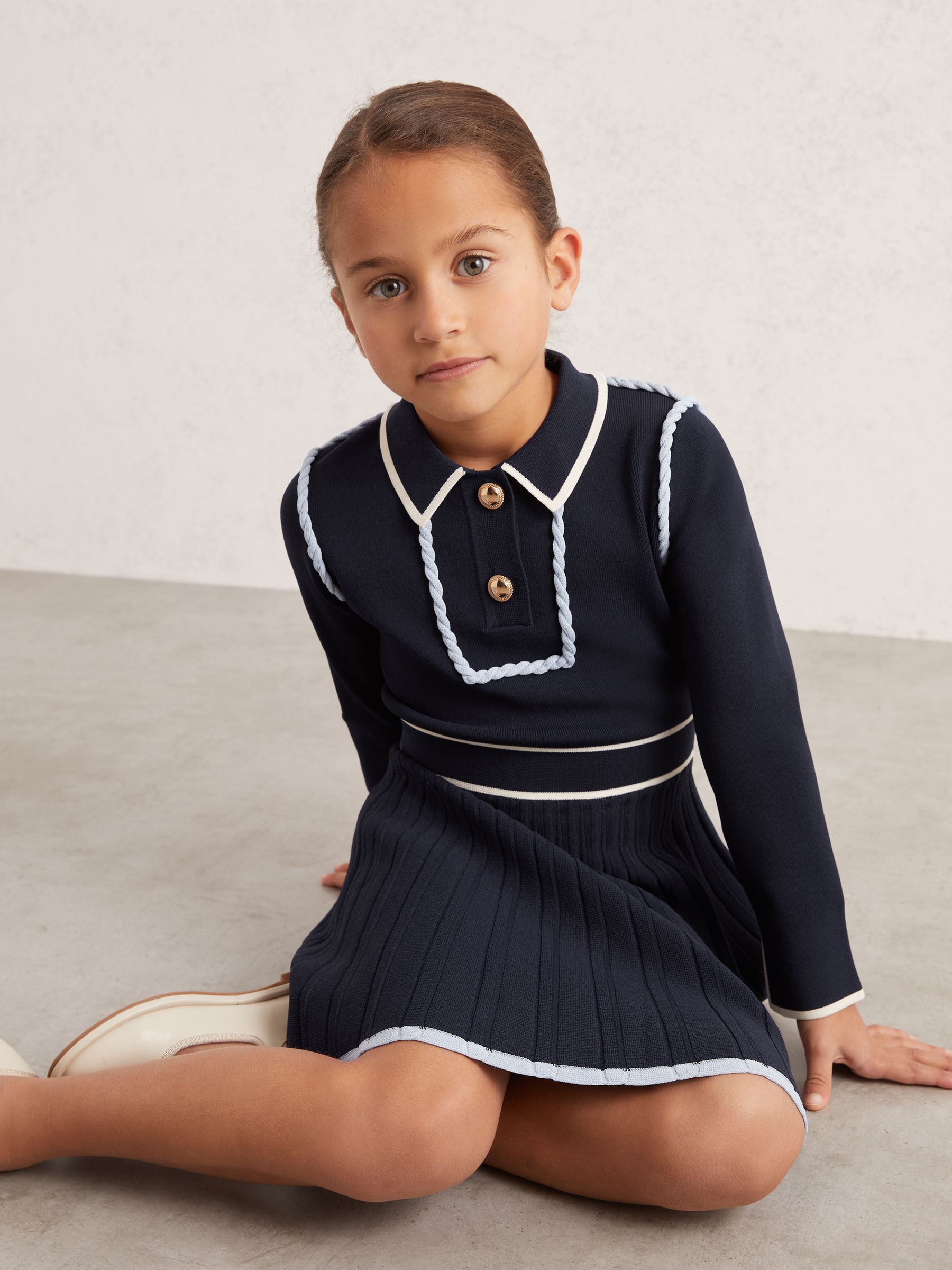 13-14 yrs Piped Knitted Skater Dress in Navy