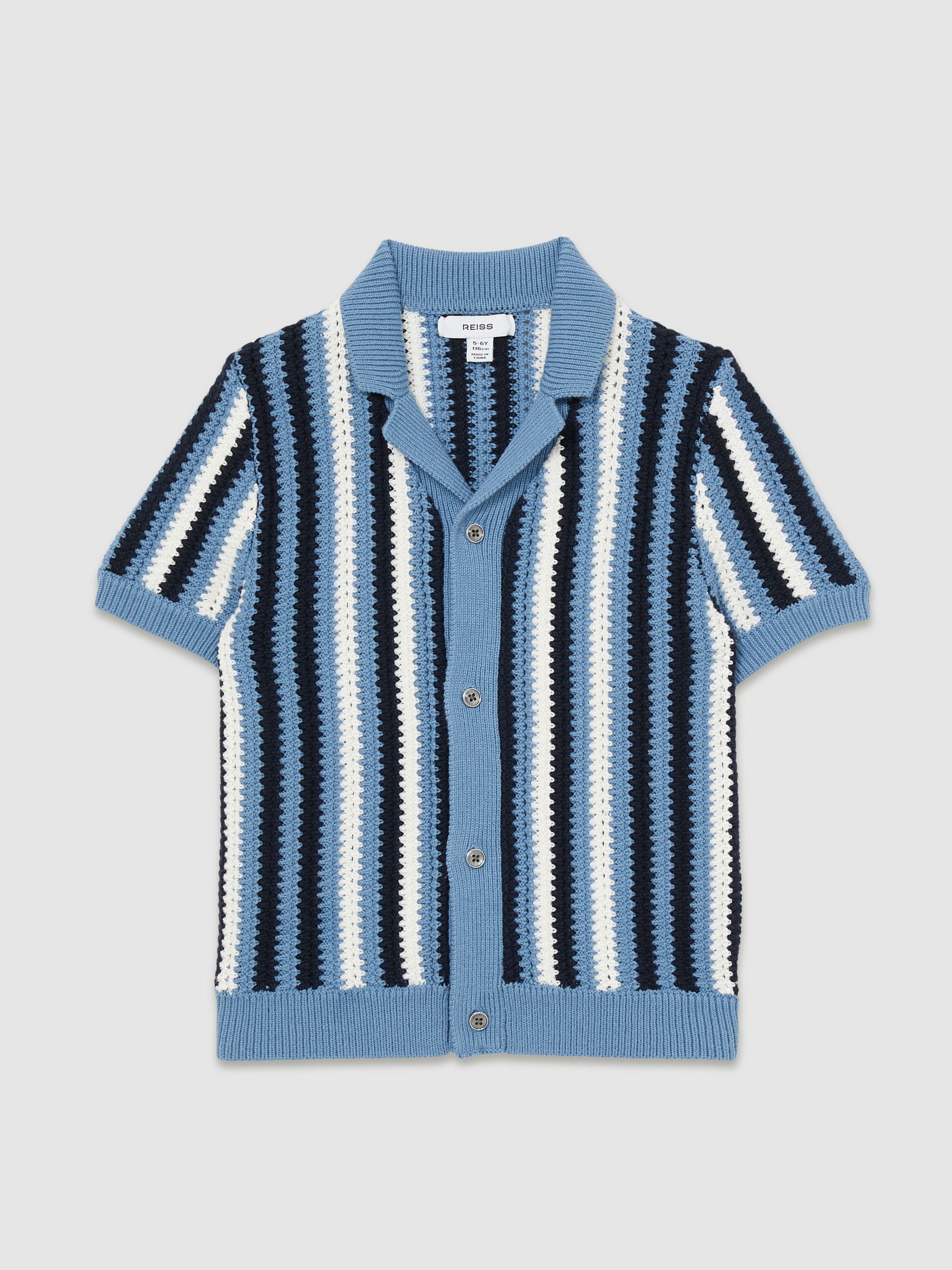 9-13 yrs Cotton Crochet Stripe Cuban Shirt in Airforce Blue