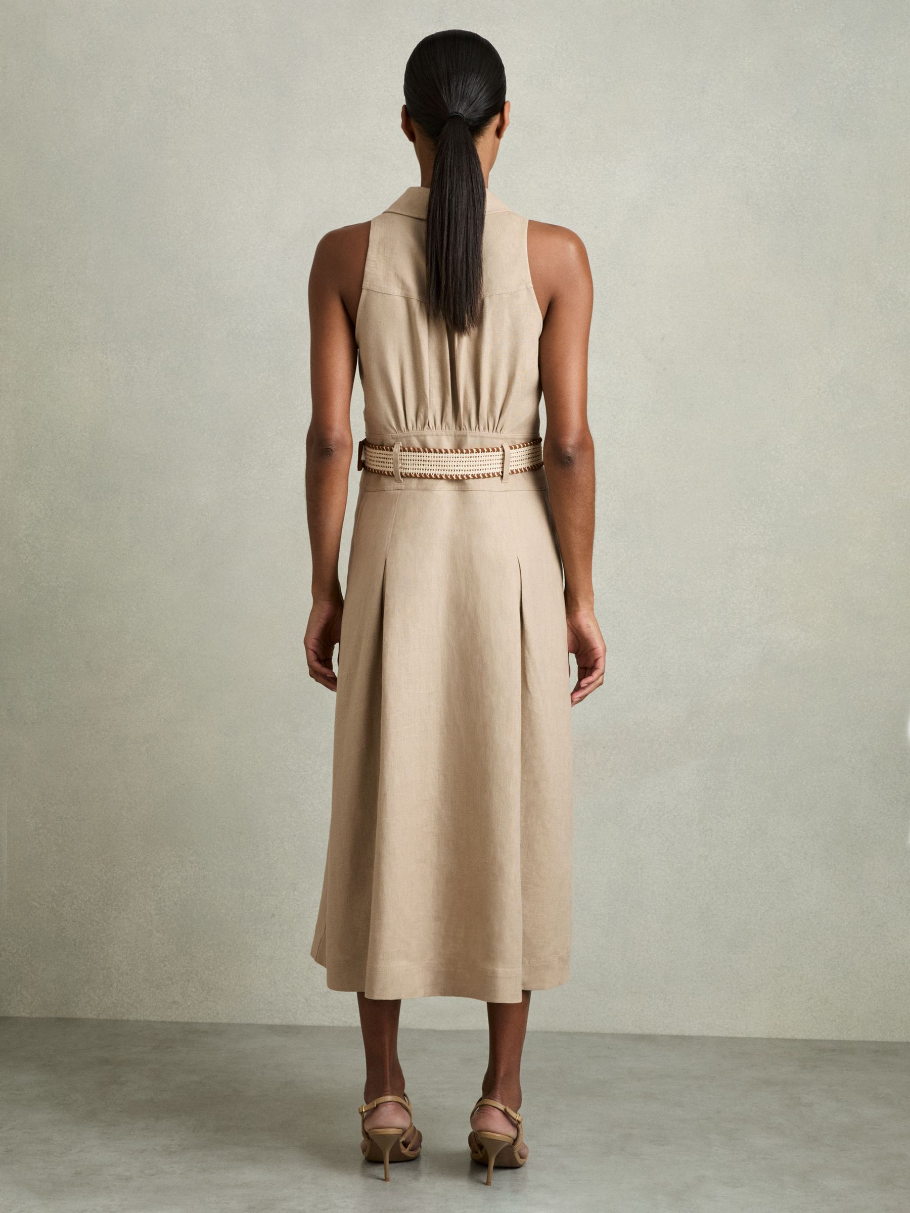 Petite Linen Belted Sleeveless Midi Dress in Neutral