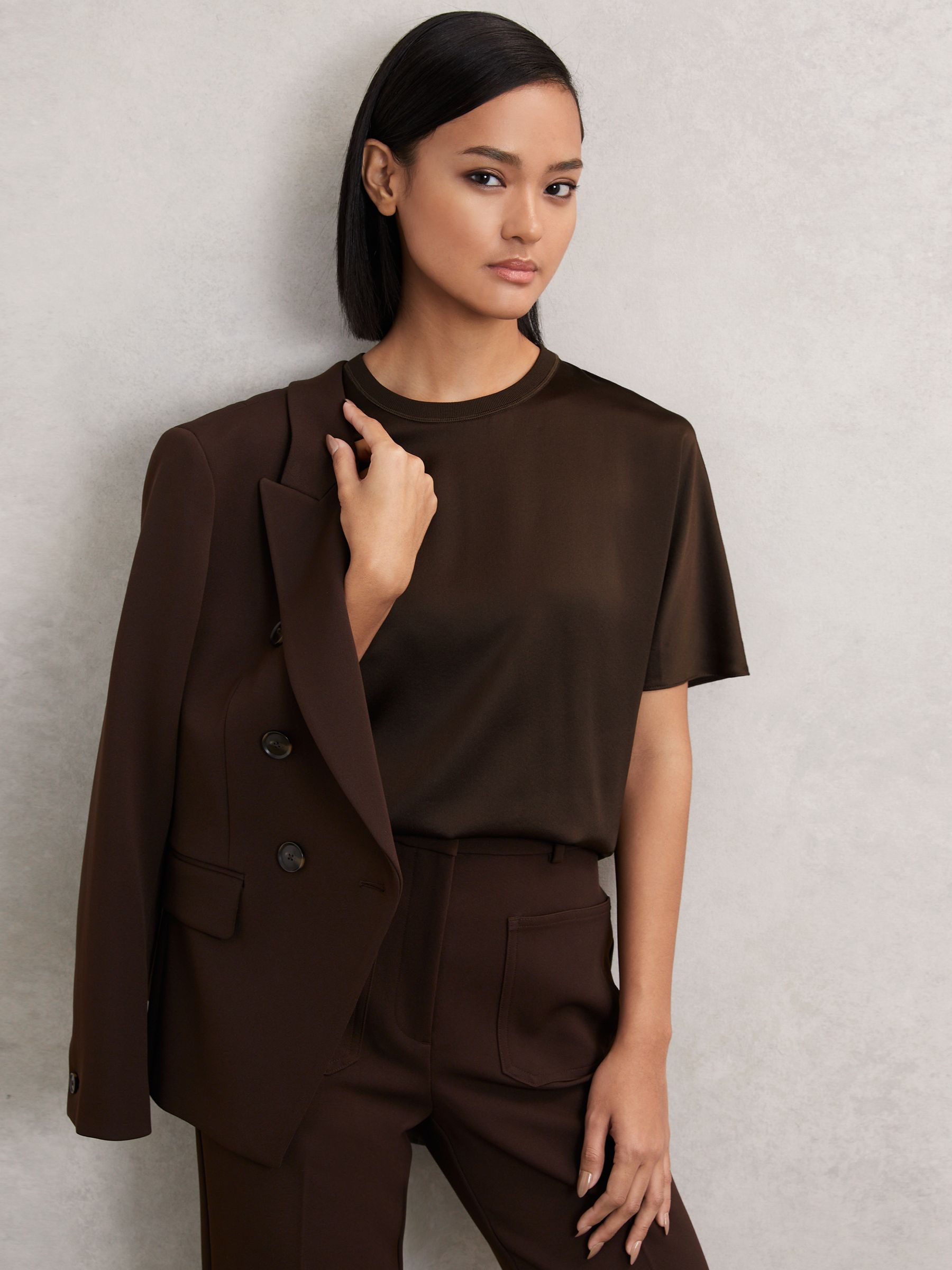 Silk Short-Sleeve Top in Chocolate Brown