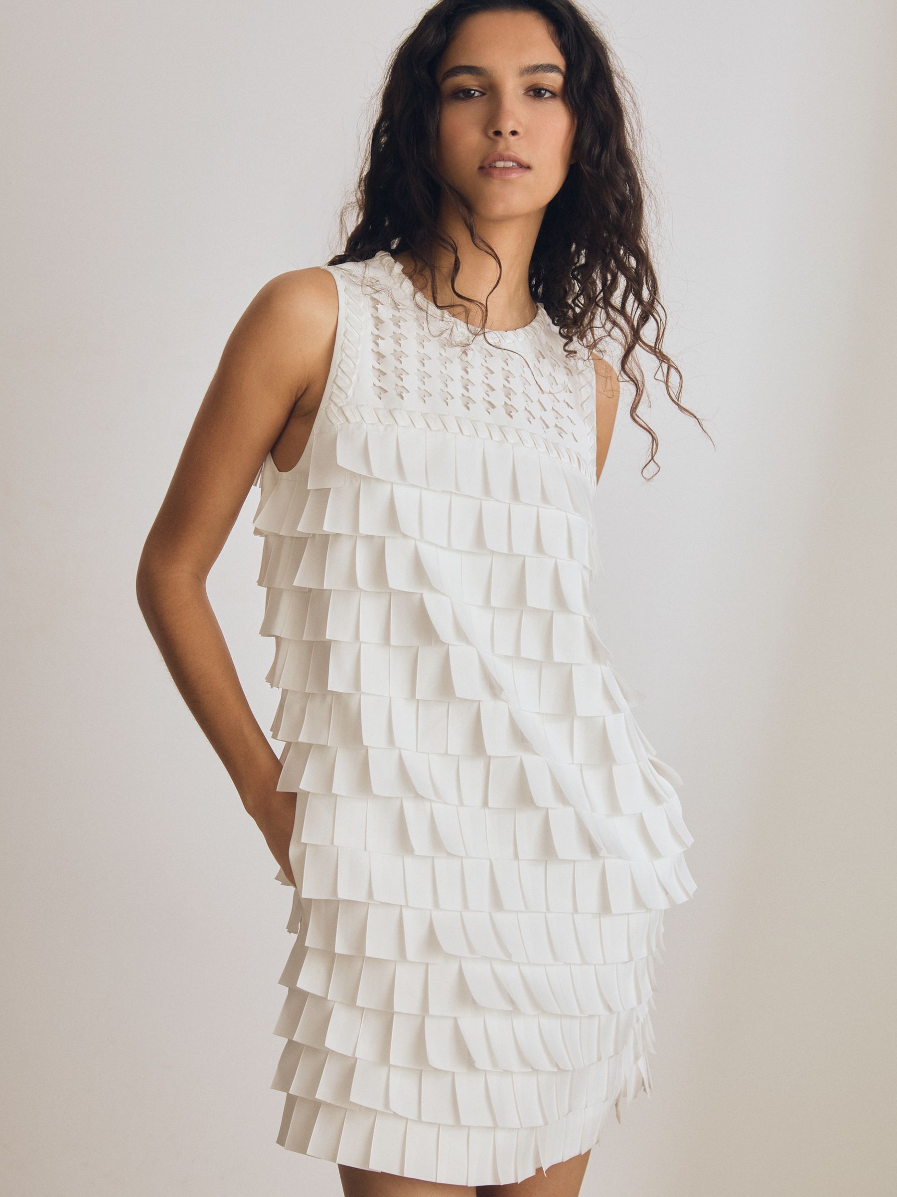 Atelier Layered Fringe Mini Dress in White