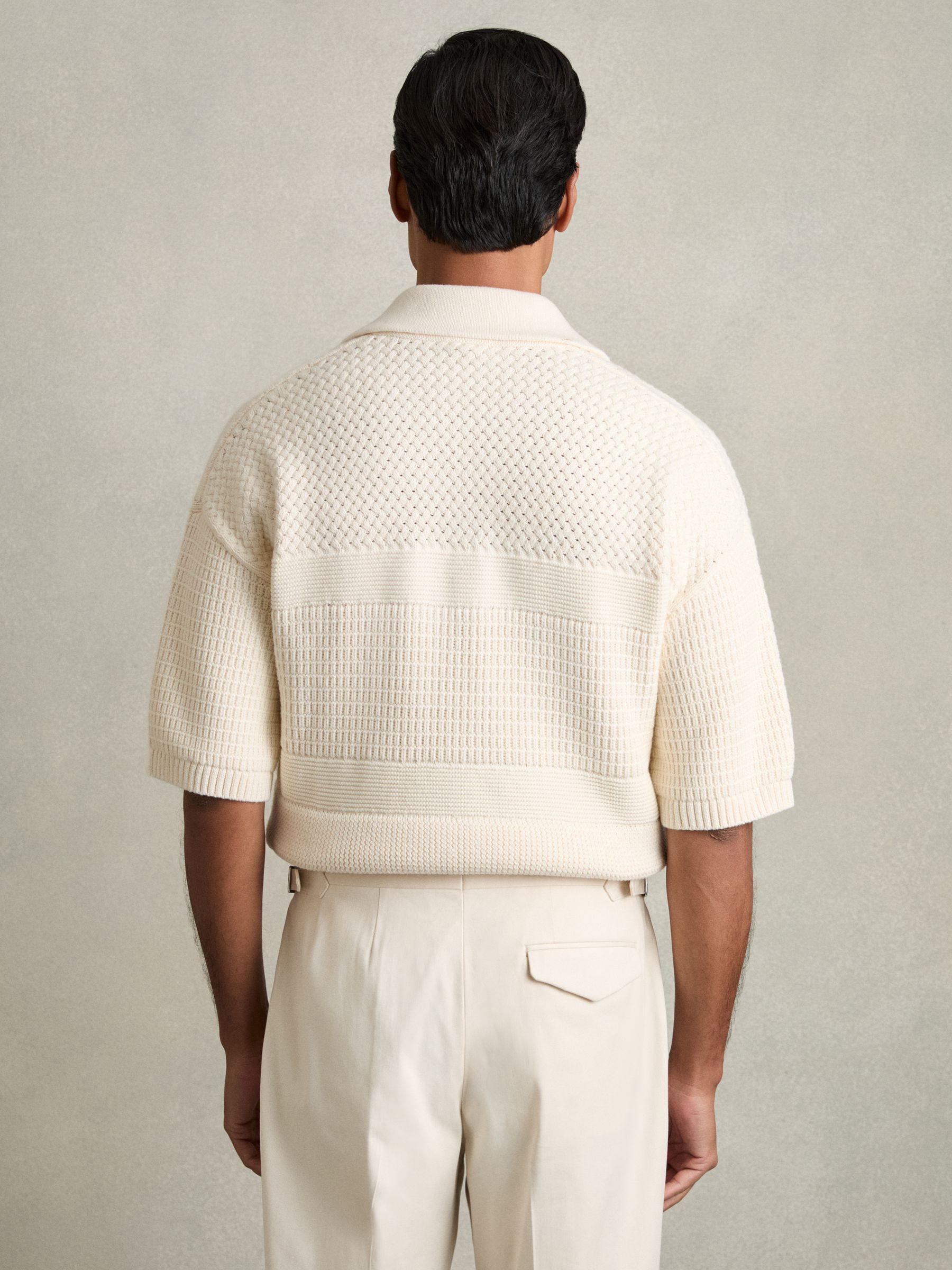 Cotton Textured-Knit Polo Shirt in Off White